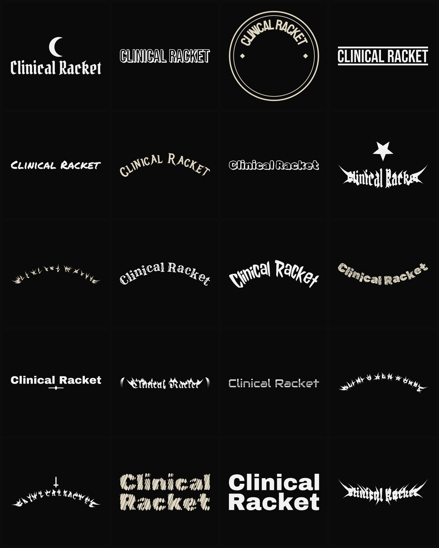 Twenty Clinical Racket band logo ideas — different faces, treatments and spike settings