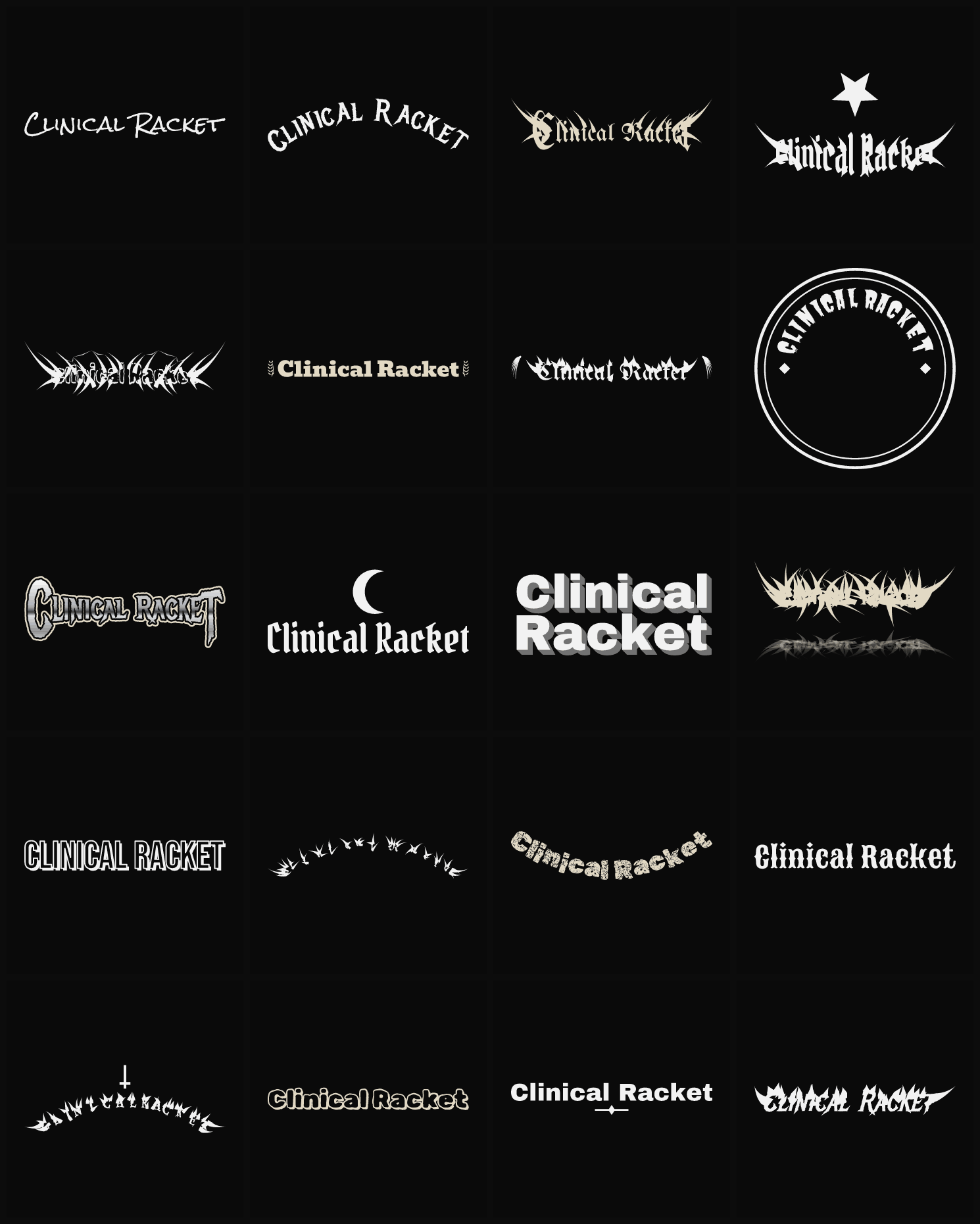 Twenty Clinical Racket band logo ideas — different faces, treatments and spike settings