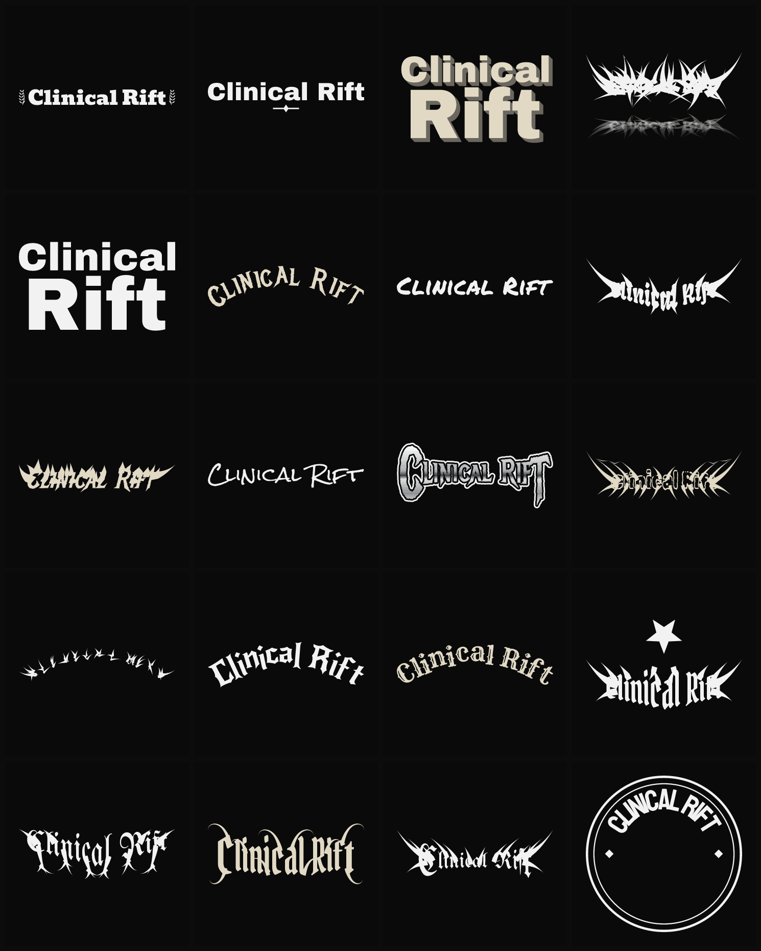 Twenty Clinical Rift band logo ideas — different faces, treatments and spike settings