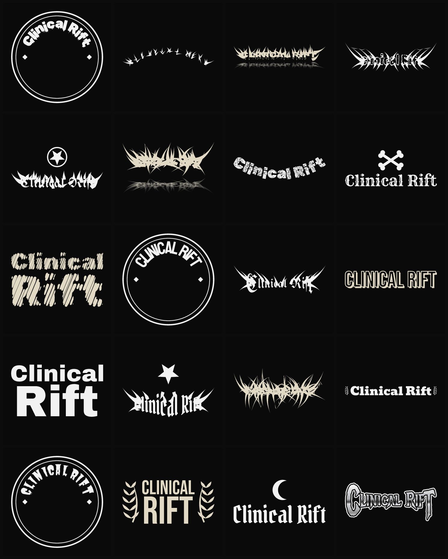 Twenty Clinical Rift band logo ideas — different faces, treatments and spike settings