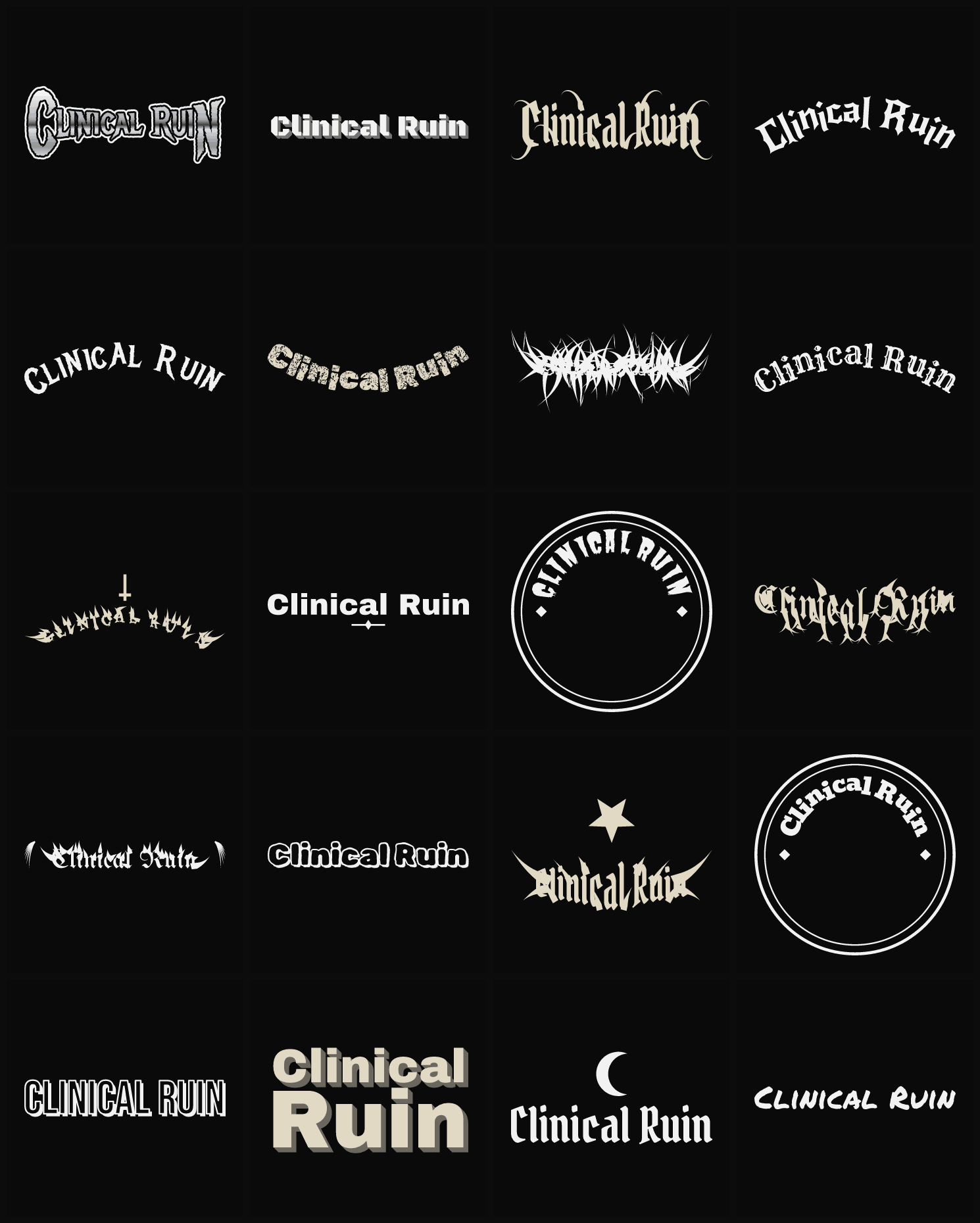 Twenty Clinical Ruin band logo ideas — different faces, treatments and spike settings