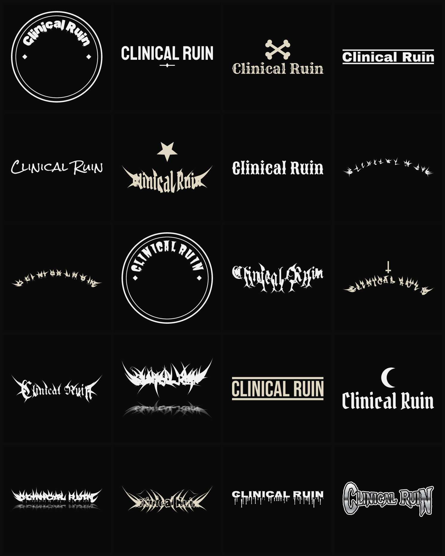 Twenty Clinical Ruin band logo ideas — different faces, treatments and spike settings