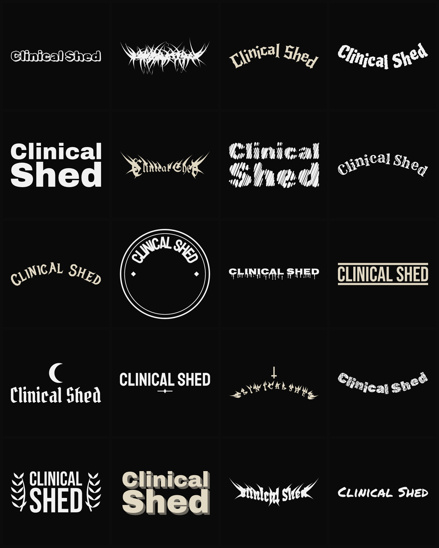Twenty Clinical Shed band logo ideas — different faces, treatments and spike settings