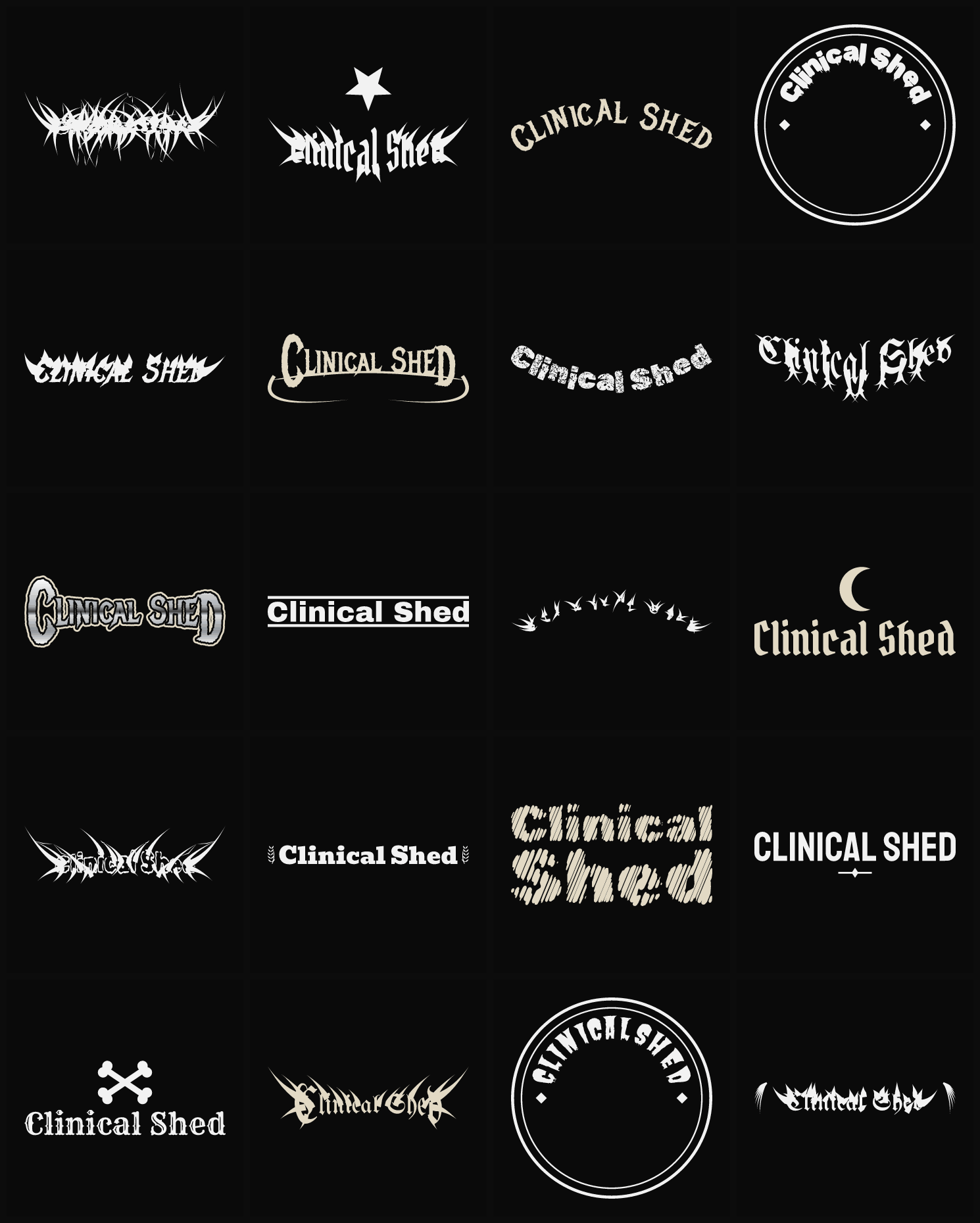 Twenty Clinical Shed band logo ideas — different faces, treatments and spike settings