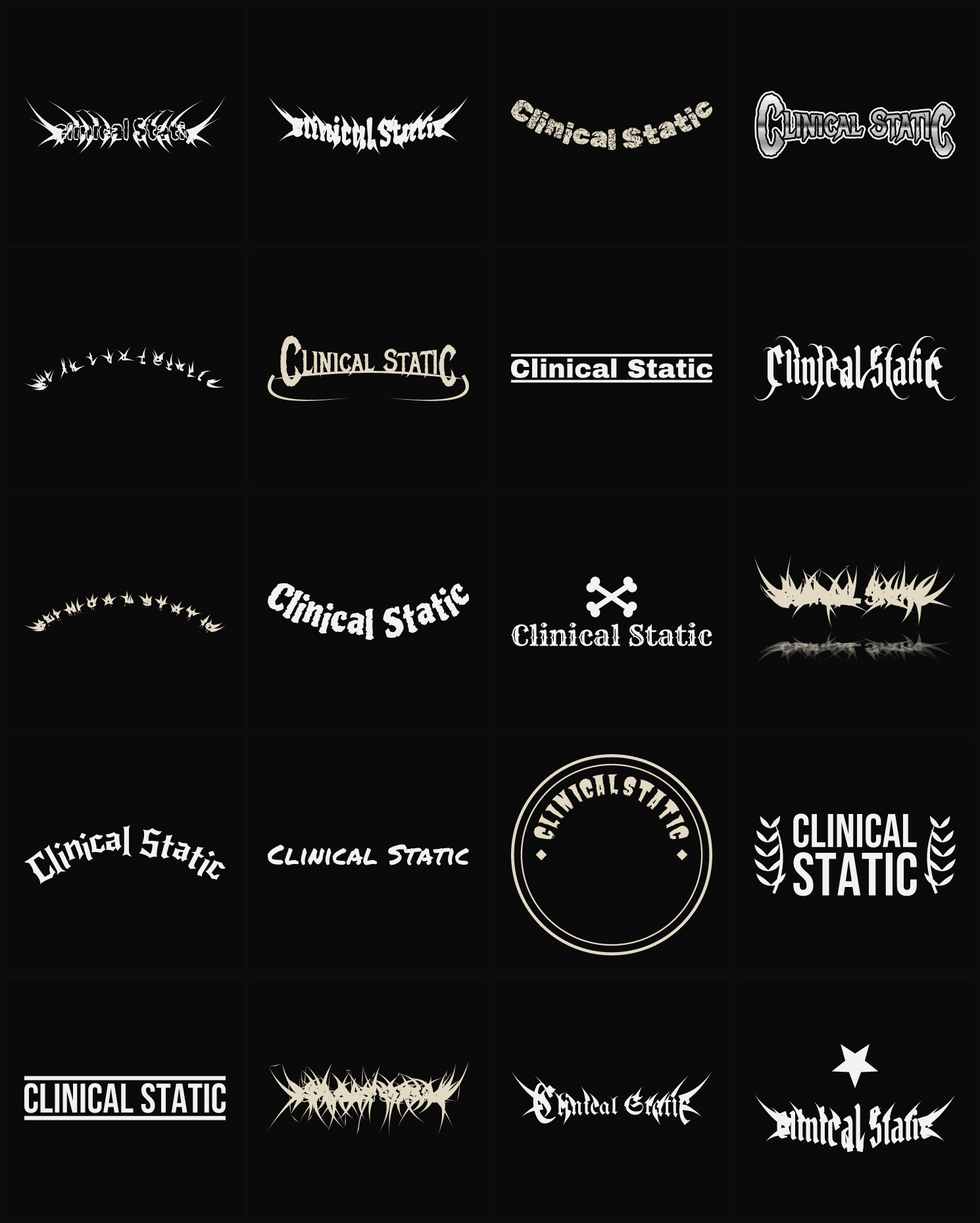 Twenty Clinical Static band logo ideas — different faces, treatments and spike settings