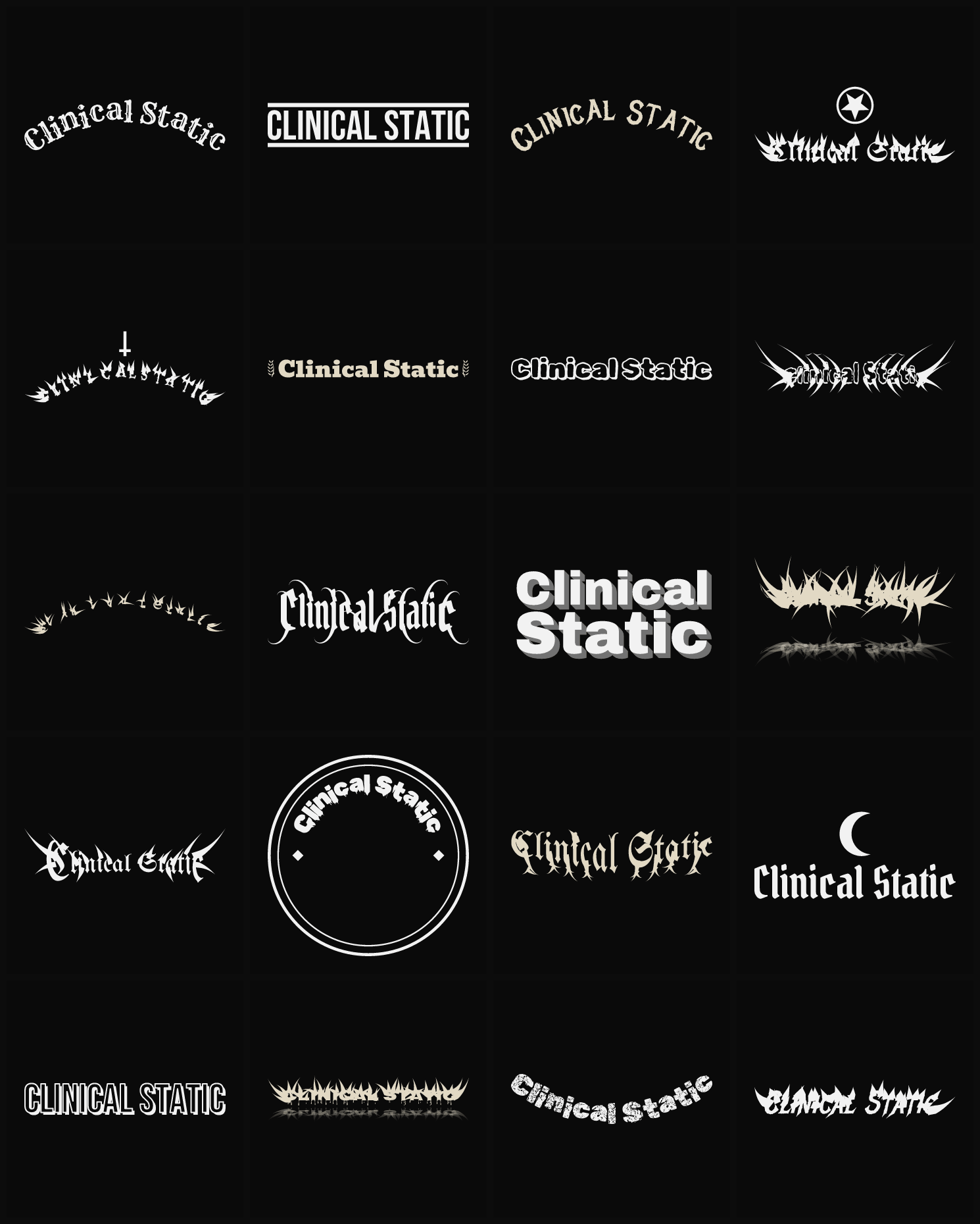 Twenty Clinical Static band logo ideas — different faces, treatments and spike settings