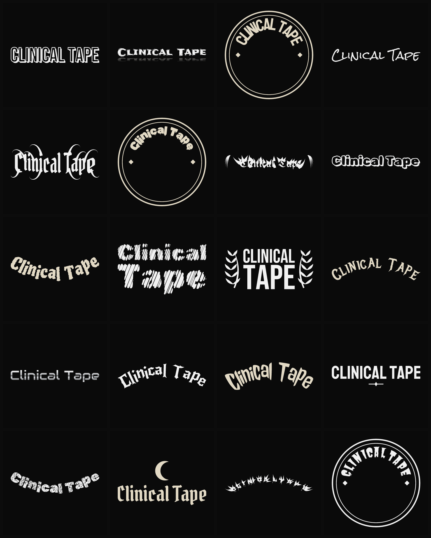 Twenty Clinical Tape band logo ideas — different faces, treatments and spike settings