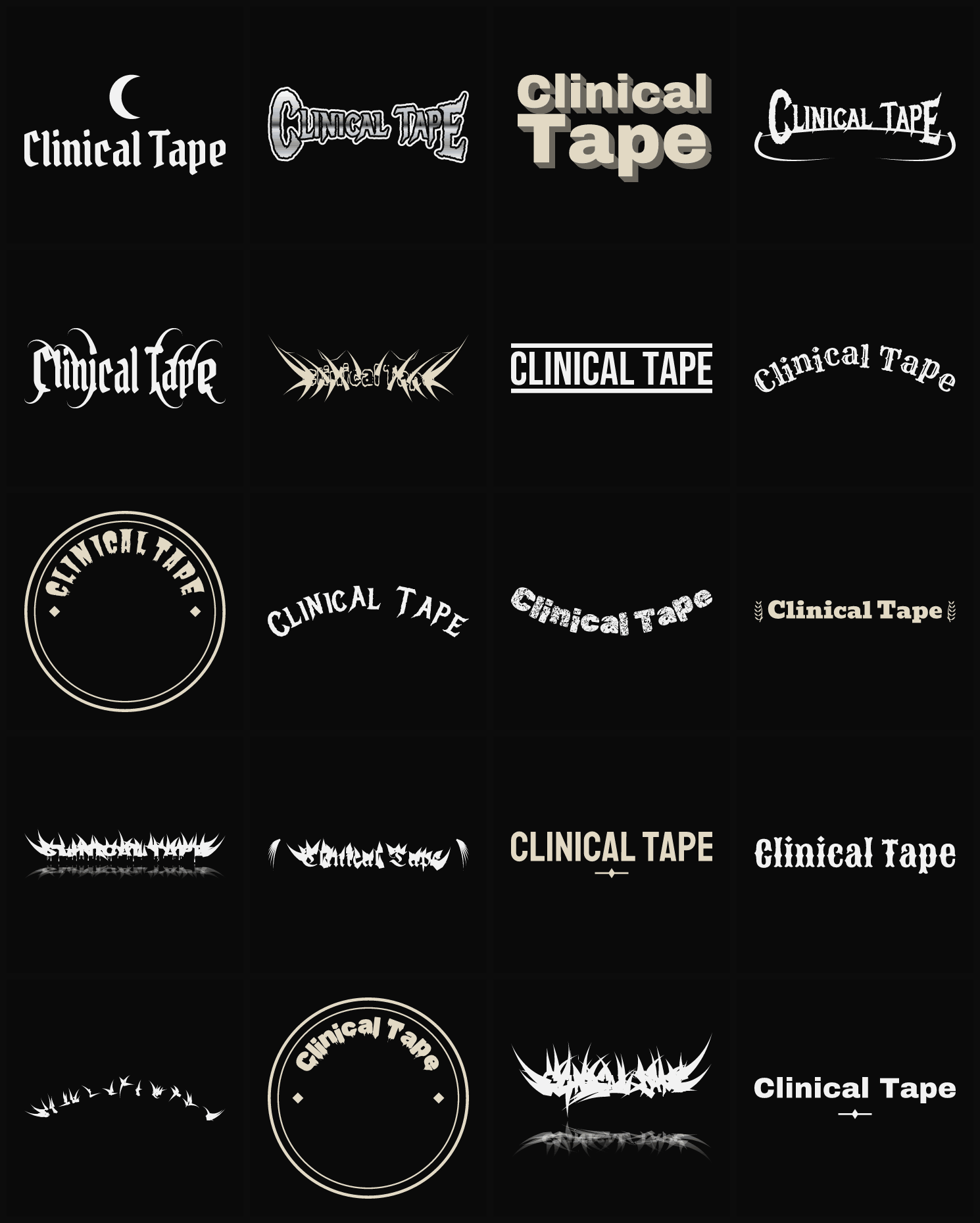 Twenty Clinical Tape band logo ideas — different faces, treatments and spike settings