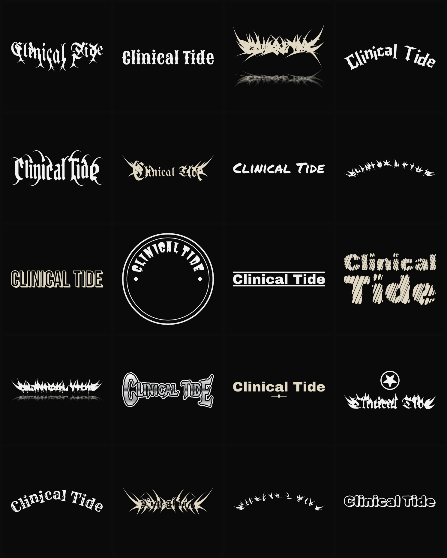 Twenty Clinical Tide band logo ideas — different faces, treatments and spike settings