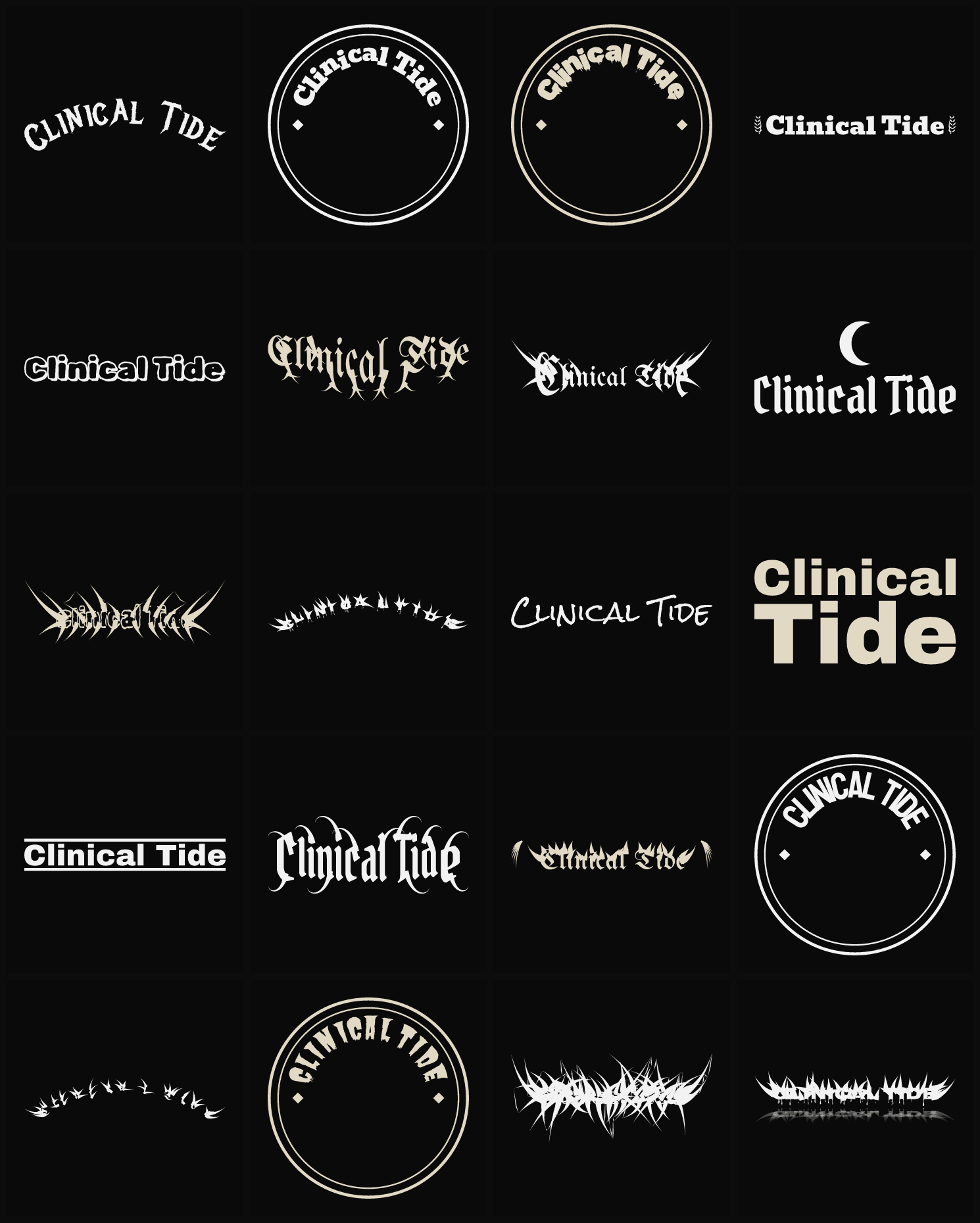 Twenty Clinical Tide band logo ideas — different faces, treatments and spike settings