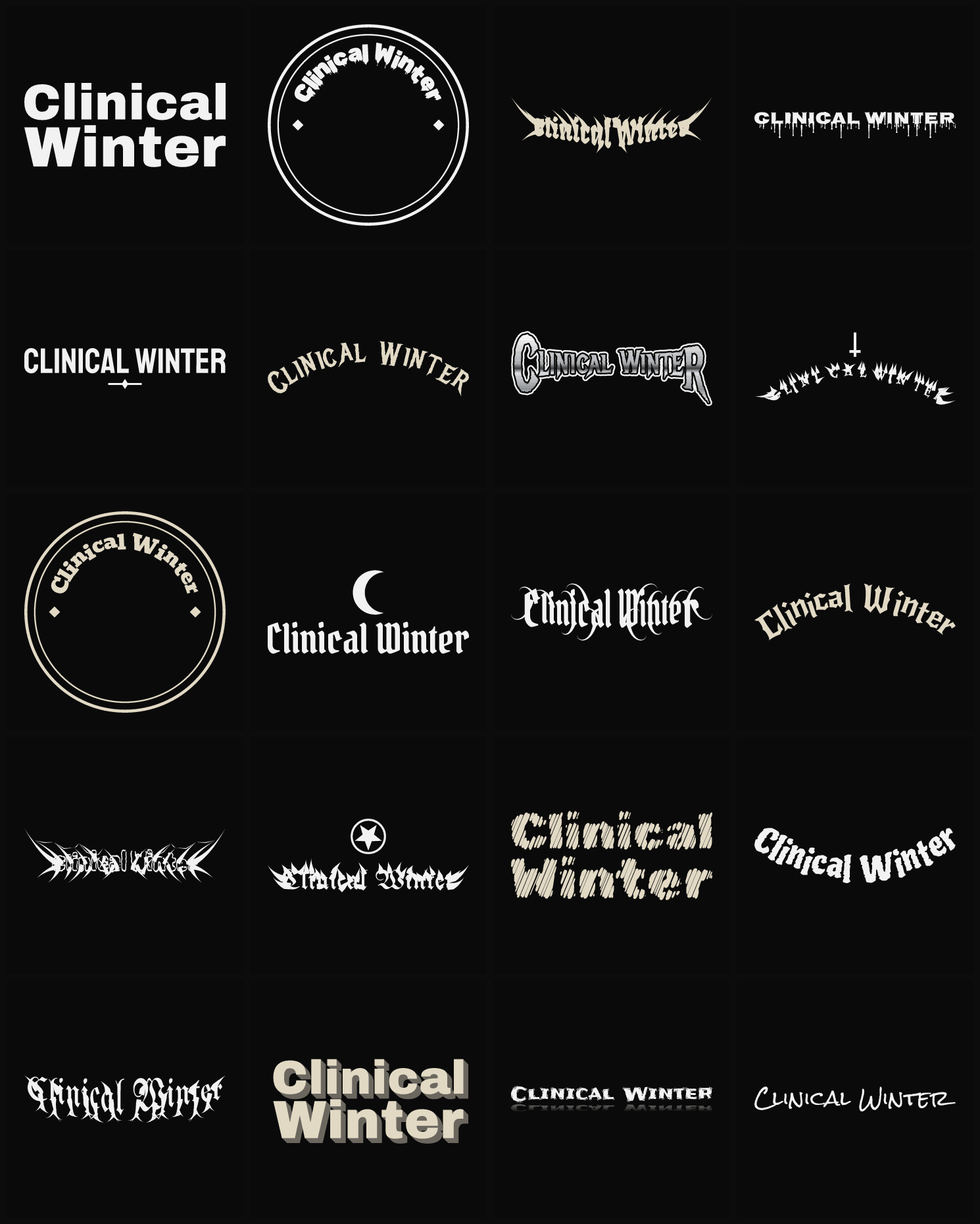Twenty Clinical Winter band logo ideas — different faces, treatments and spike settings