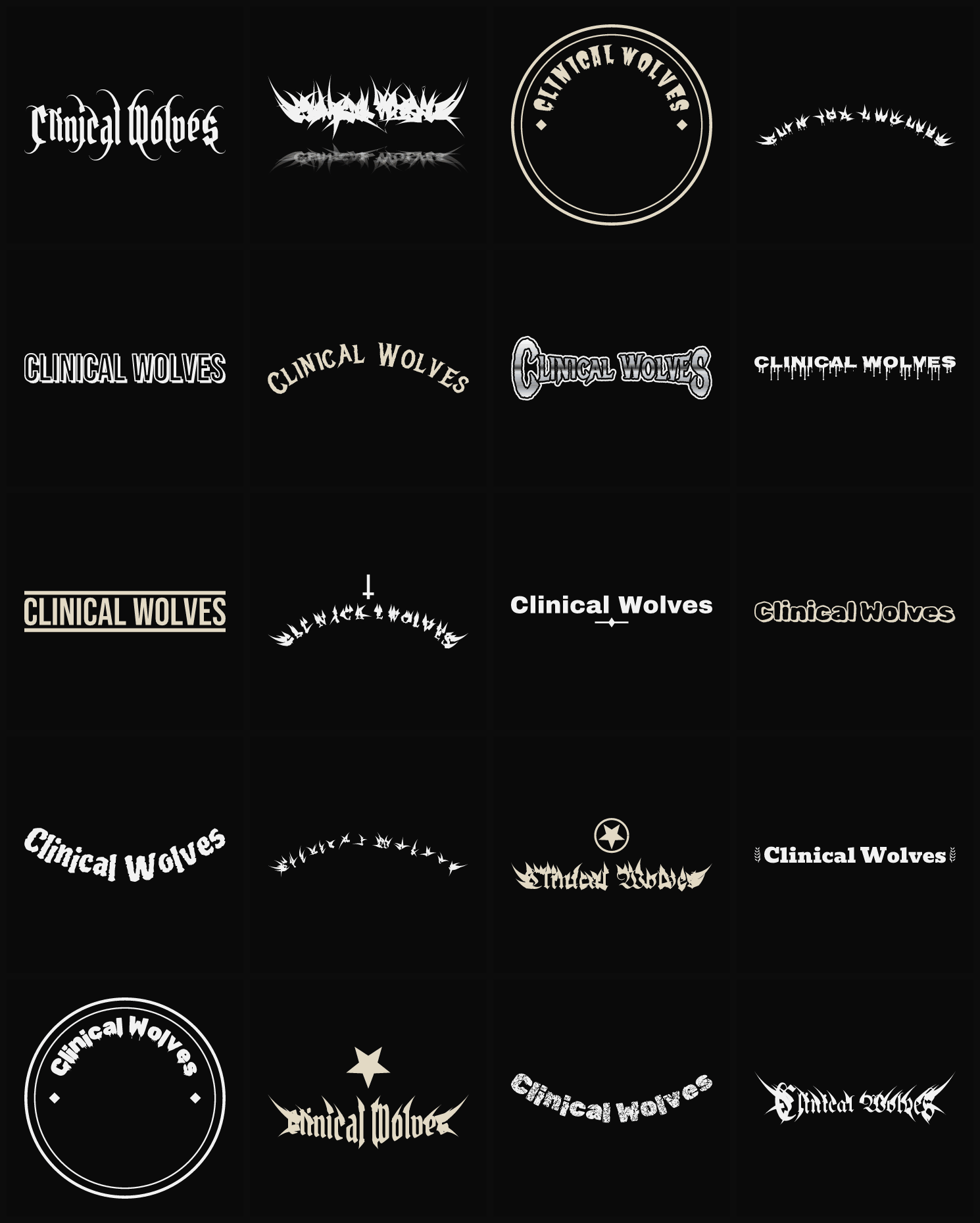 Twenty Clinical Wolves band logo ideas — different faces, treatments and spike settings