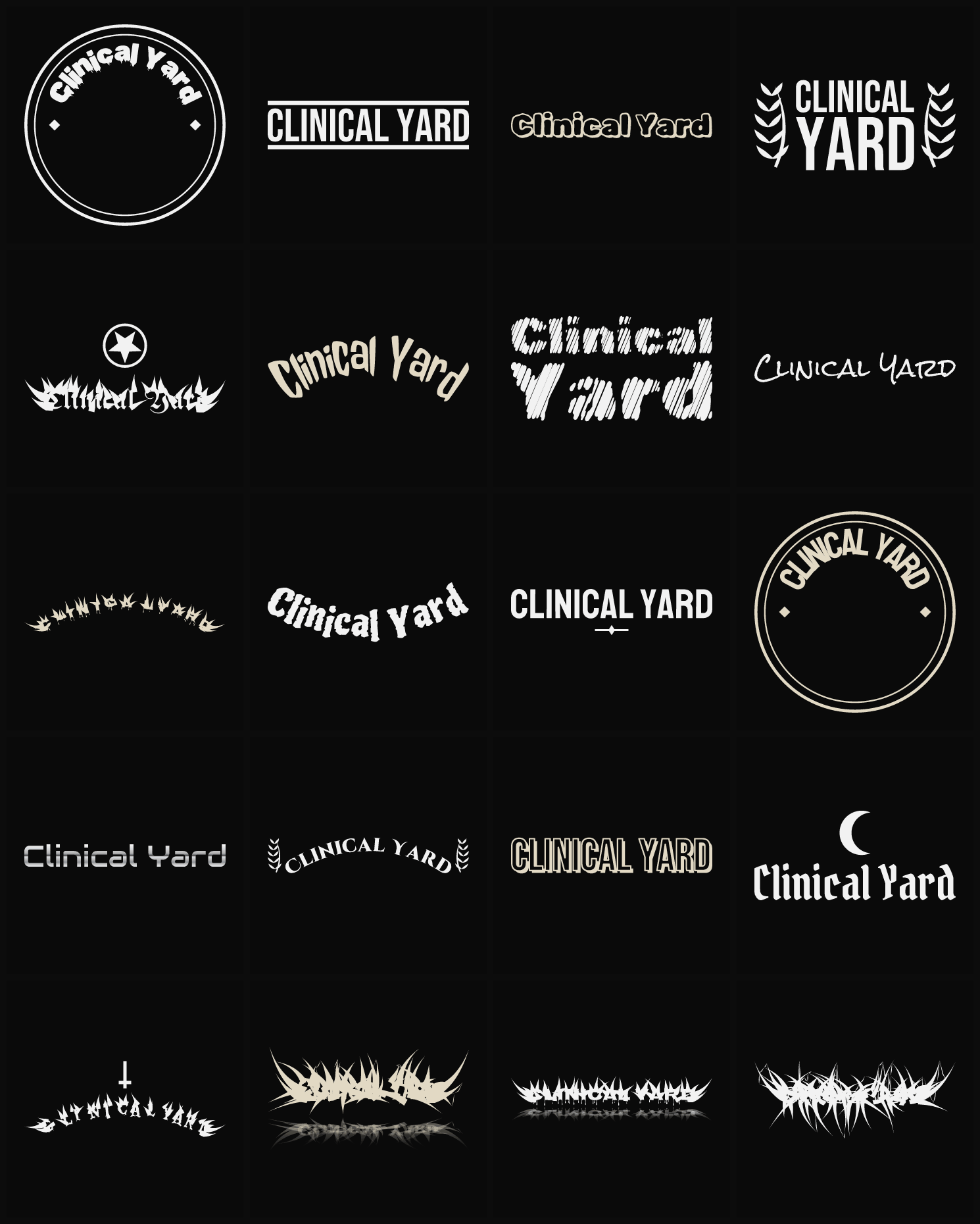 Twenty Clinical Yard band logo ideas — different faces, treatments and spike settings