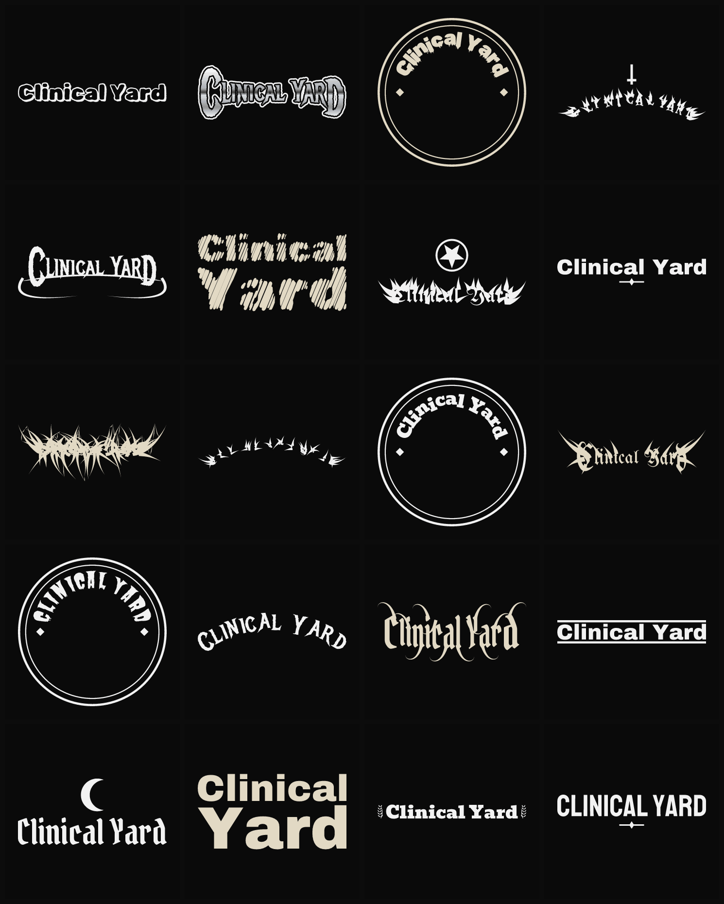 Twenty Clinical Yard band logo ideas — different faces, treatments and spike settings