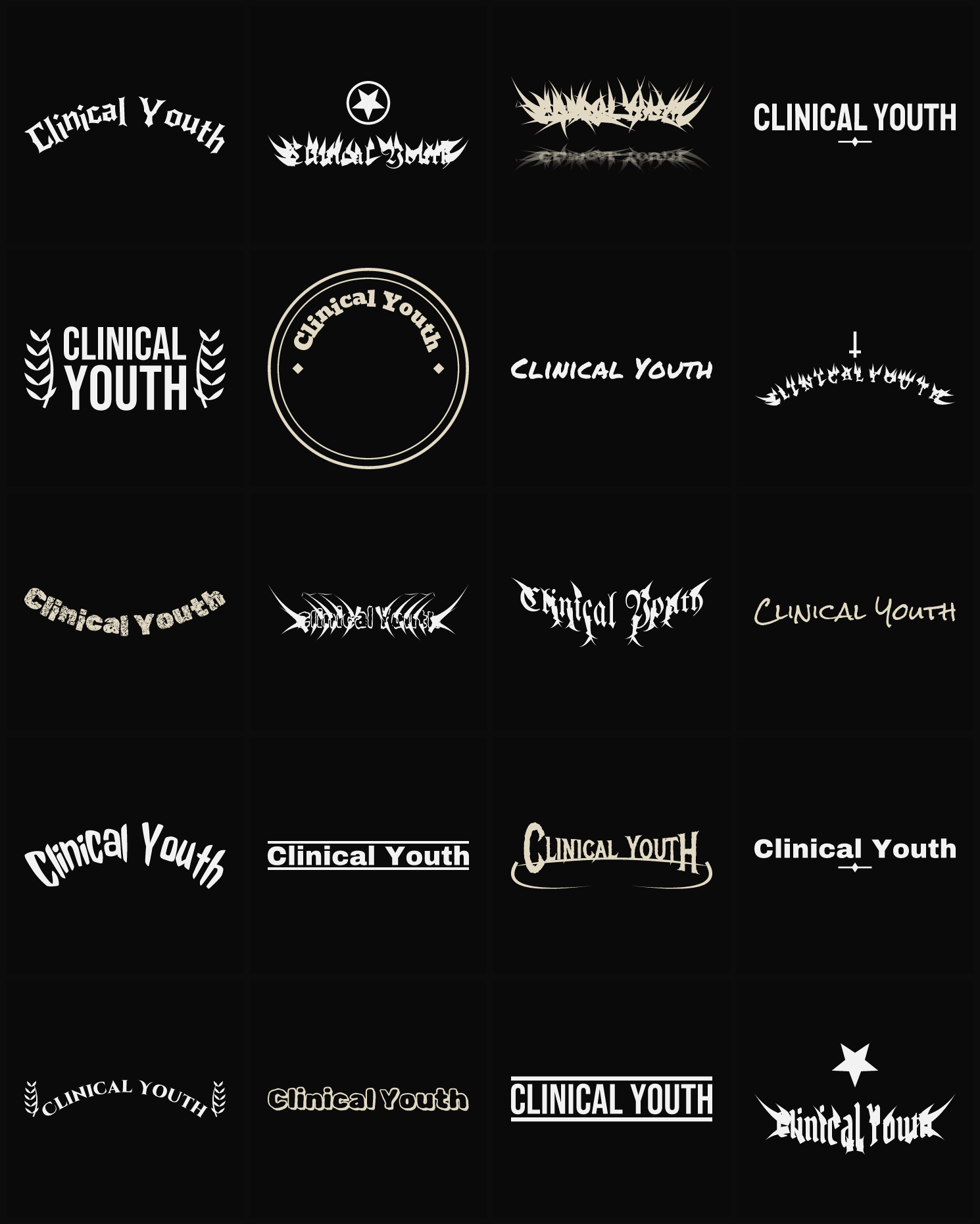 Twenty Clinical Youth band logo ideas — different faces, treatments and spike settings