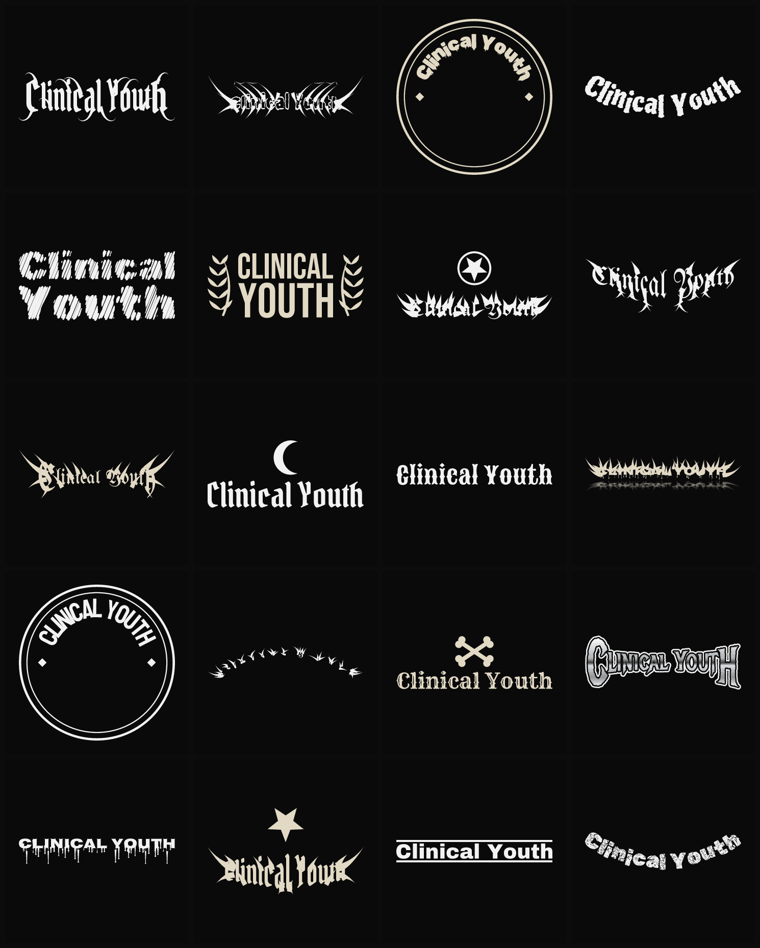 Twenty Clinical Youth band logo ideas — different faces, treatments and spike settings