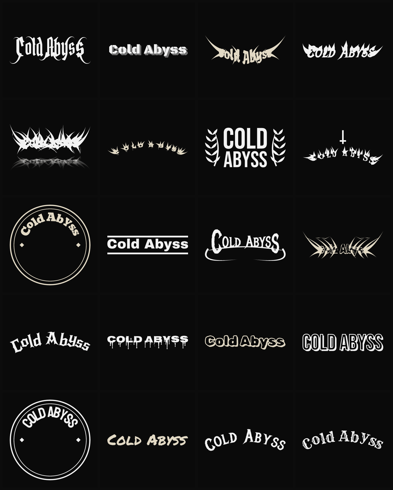 Twenty Cold Abyss band logo ideas — different faces, treatments and spike settings