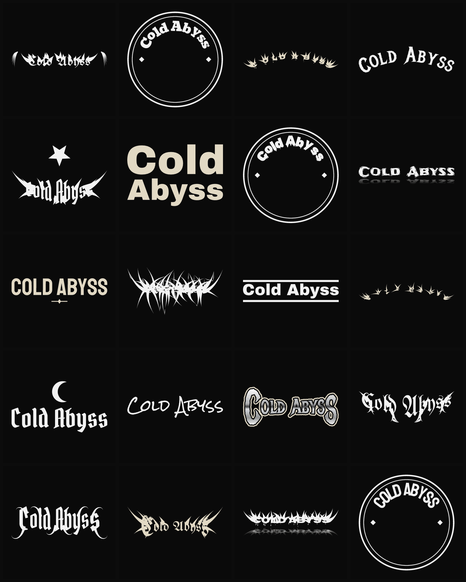 Twenty Cold Abyss band logo ideas — different faces, treatments and spike settings