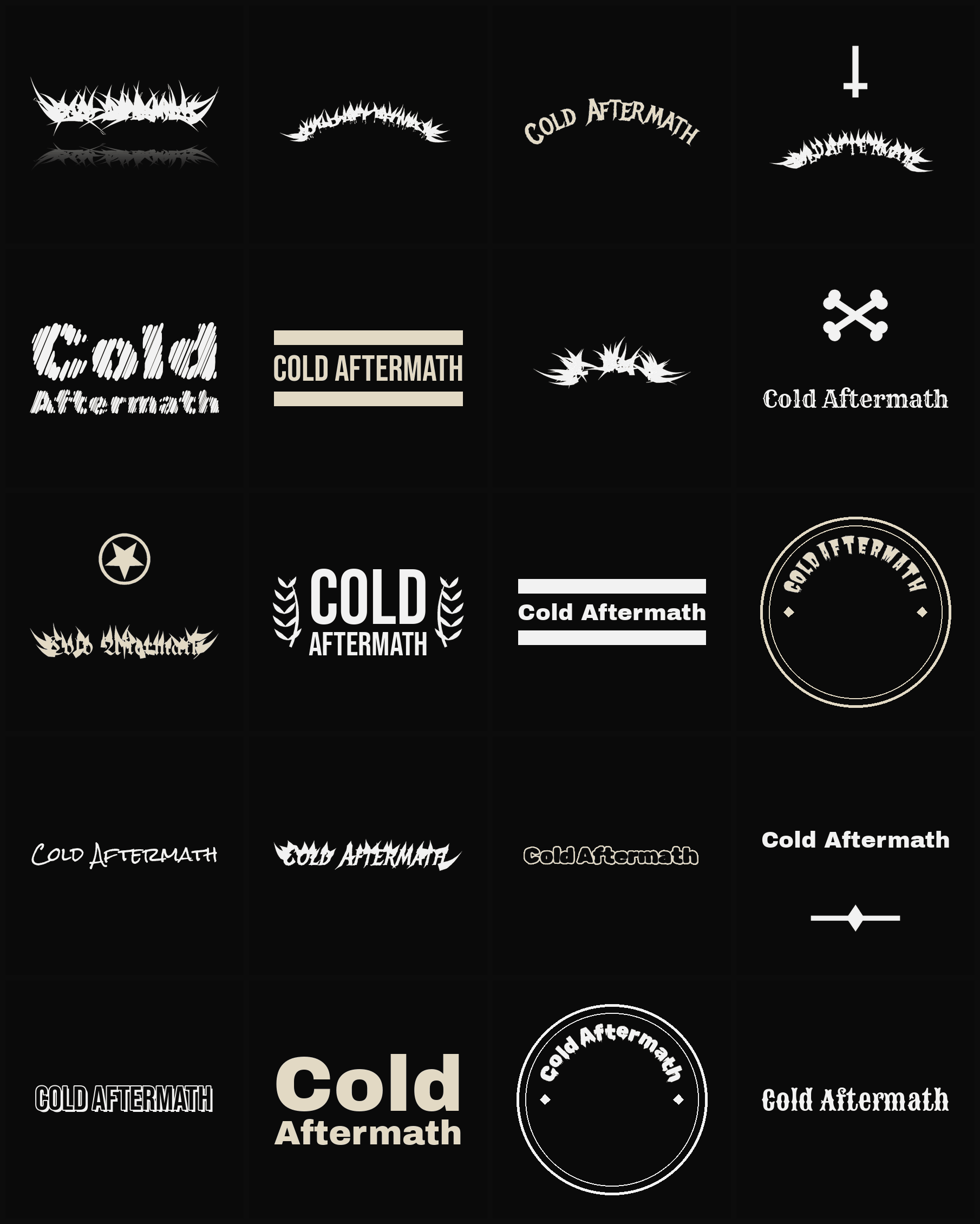 Twenty Cold Aftermath band logo ideas — different faces, treatments and spike settings