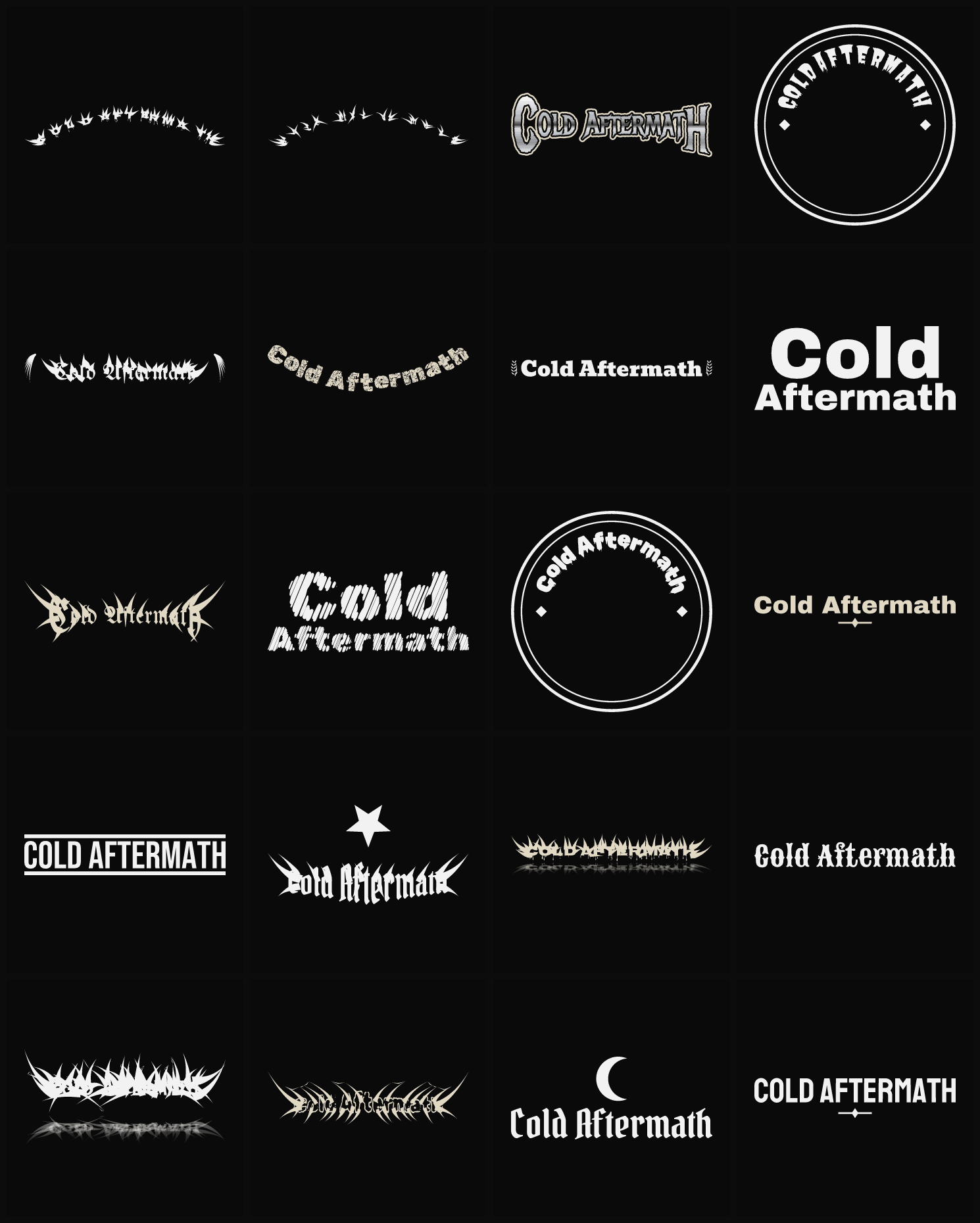 Twenty Cold Aftermath band logo ideas — different faces, treatments and spike settings