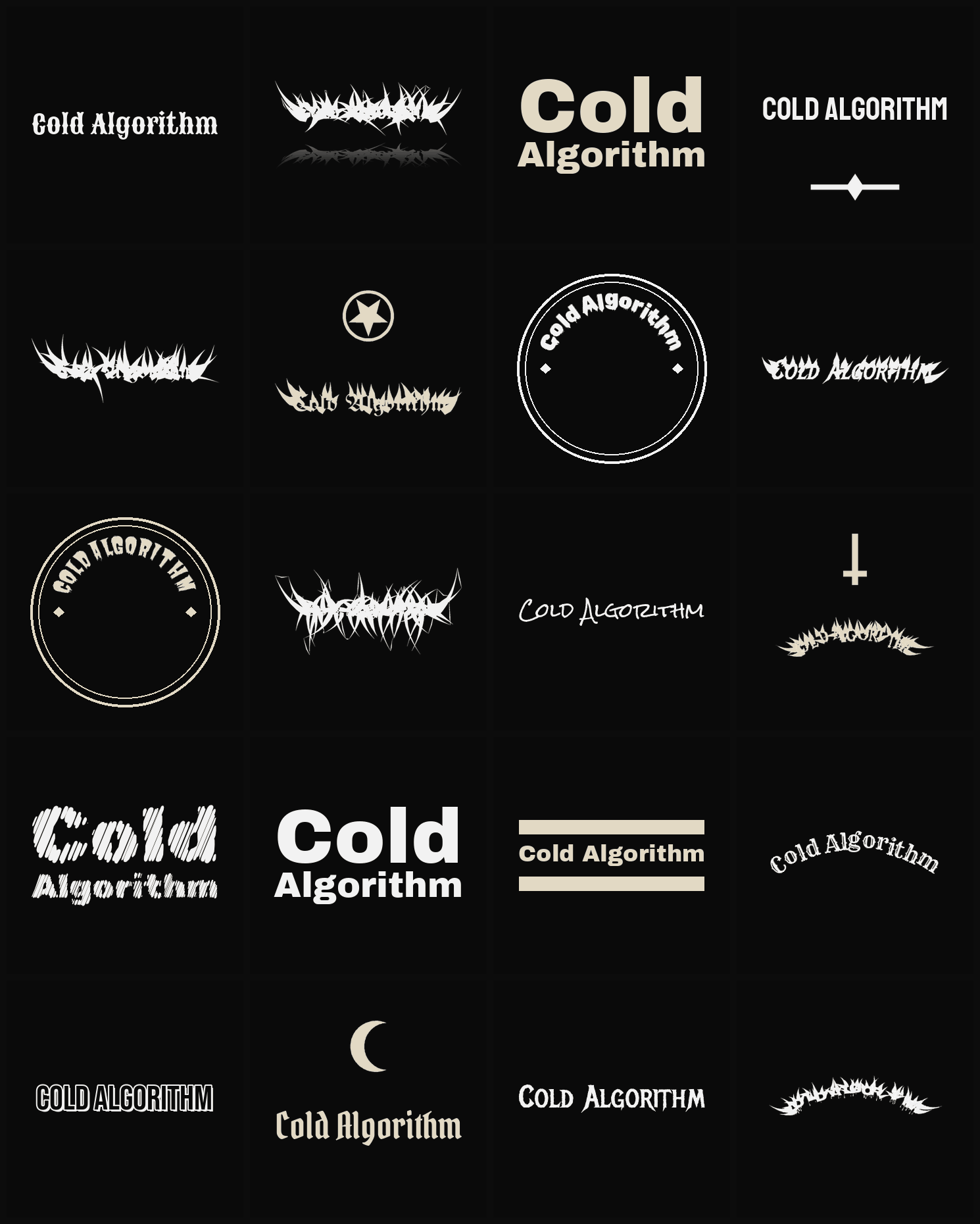 Twenty Cold Algorithm band logo ideas — different faces, treatments and spike settings