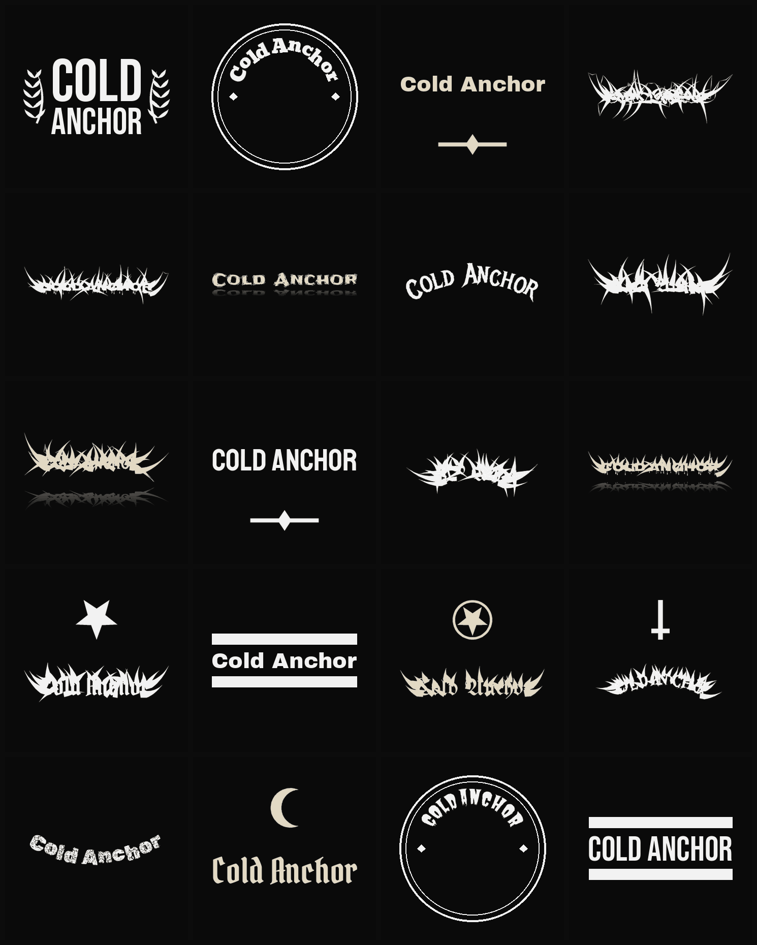 Twenty Cold Anchor band logo ideas — different faces, treatments and spike settings