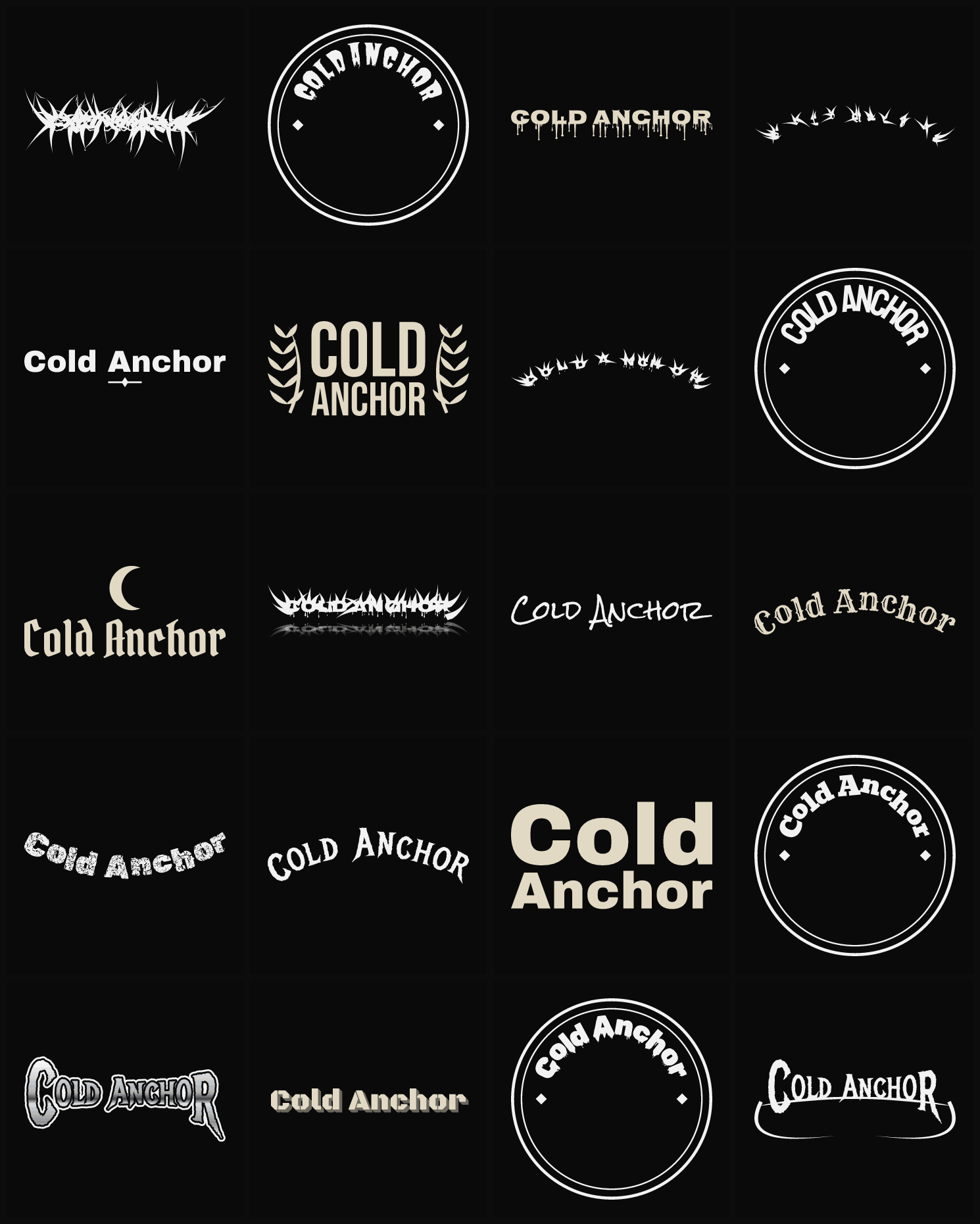 Twenty Cold Anchor band logo ideas — different faces, treatments and spike settings