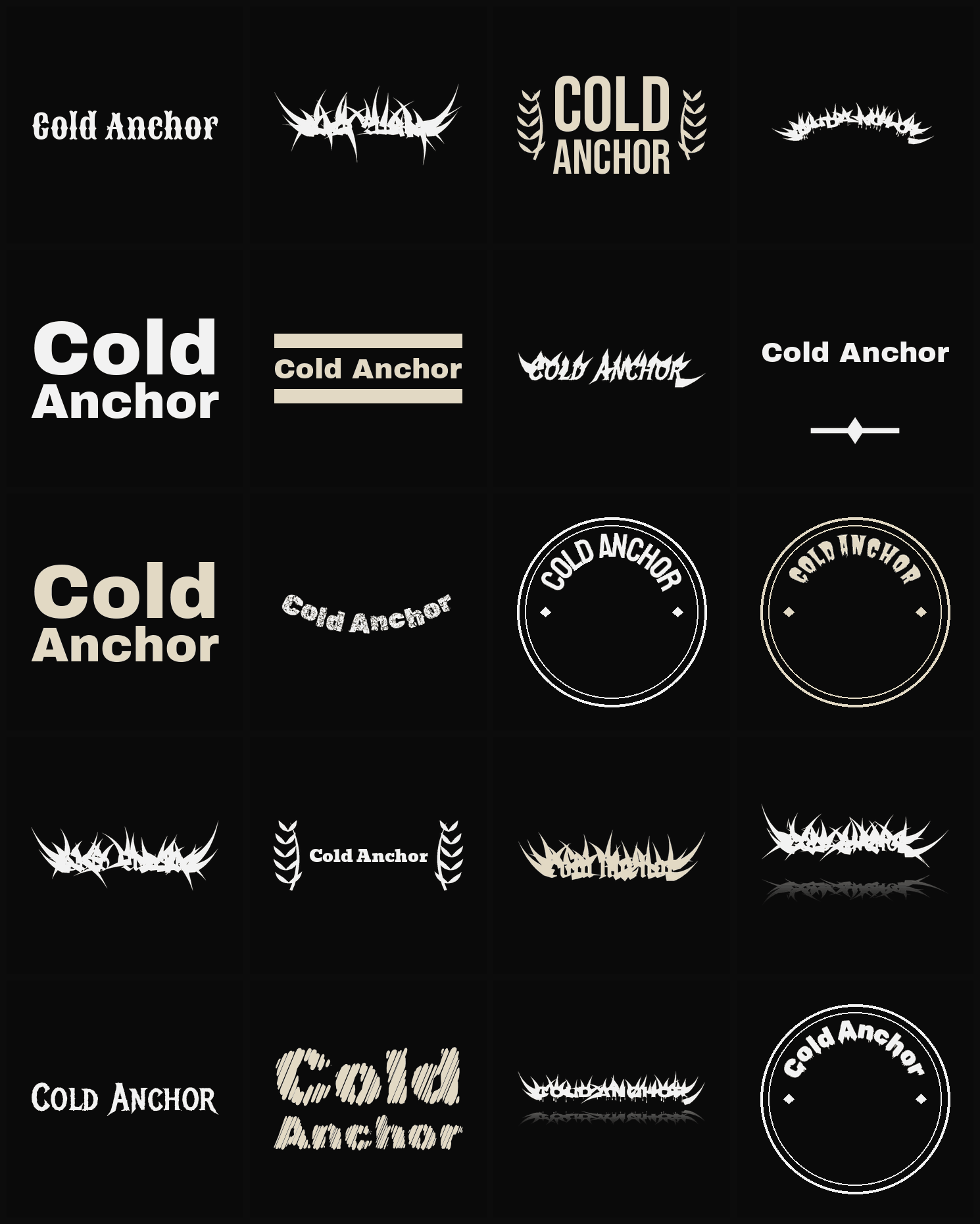 Twenty Cold Anchor band logo ideas — different faces, treatments and spike settings