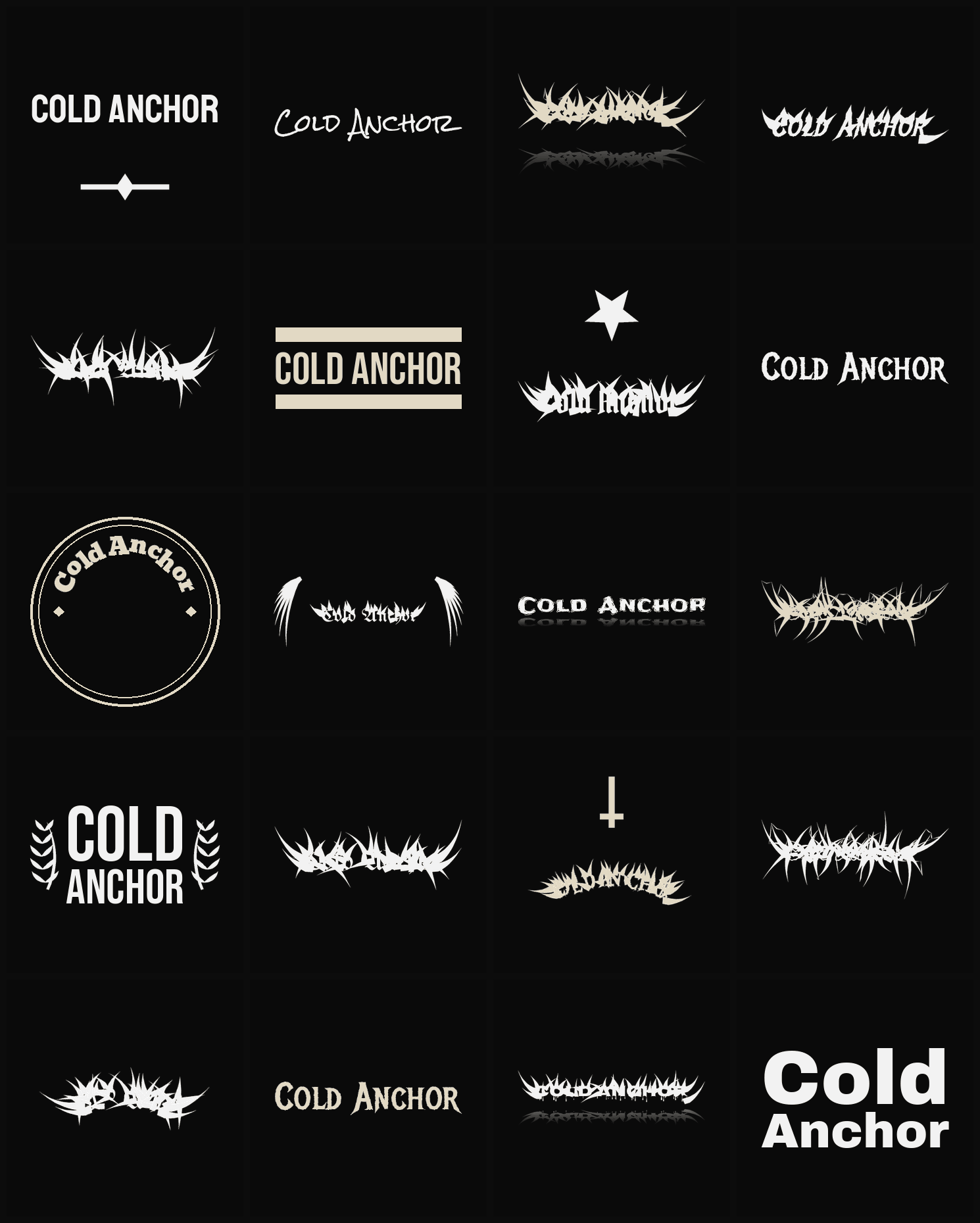 Twenty Cold Anchor band logo ideas — different faces, treatments and spike settings