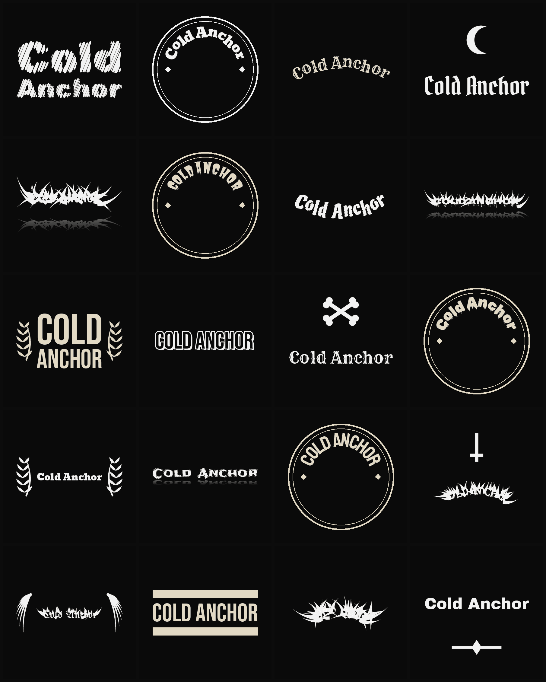 Twenty Cold Anchor band logo ideas — different faces, treatments and spike settings