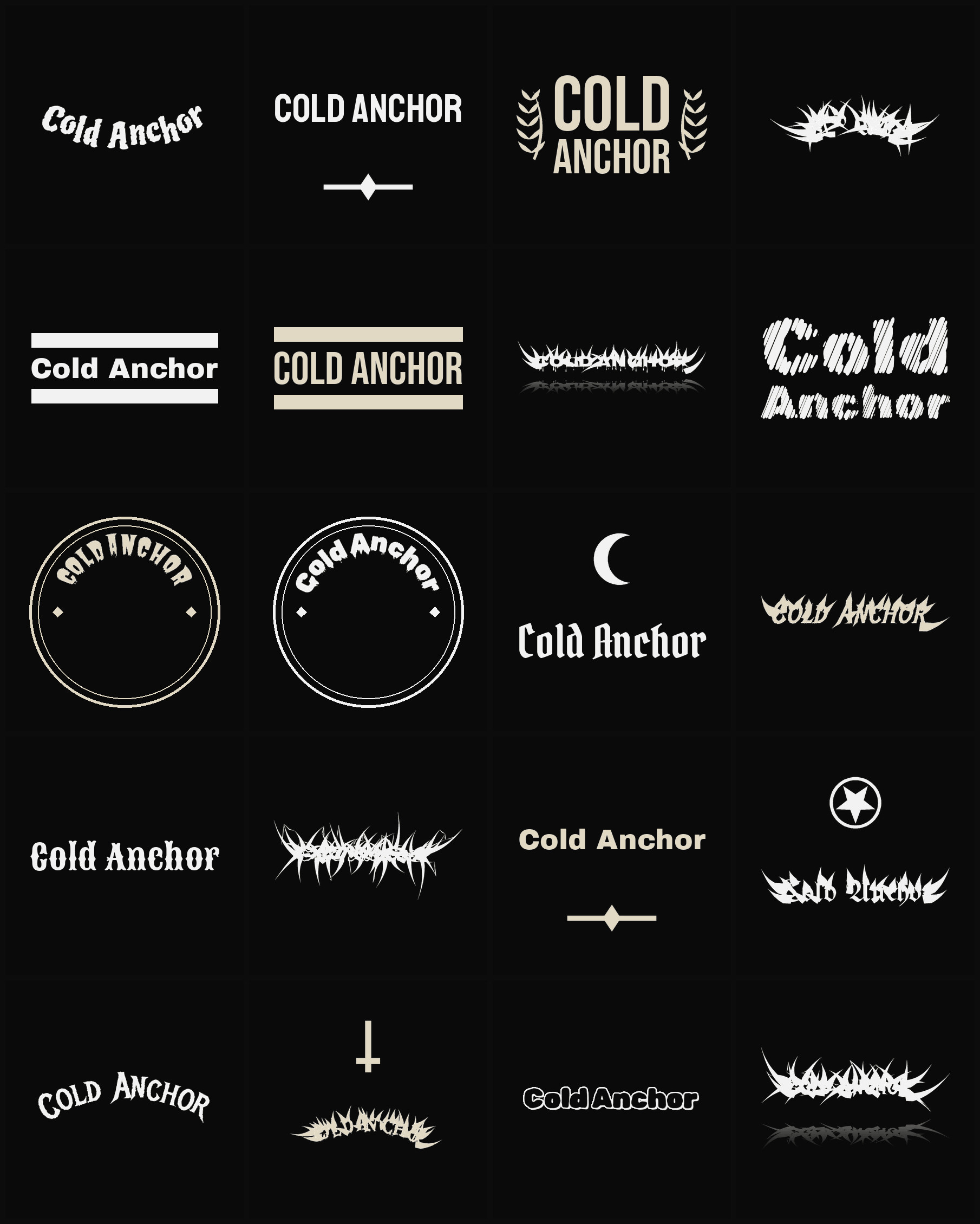 Twenty Cold Anchor band logo ideas — different faces, treatments and spike settings