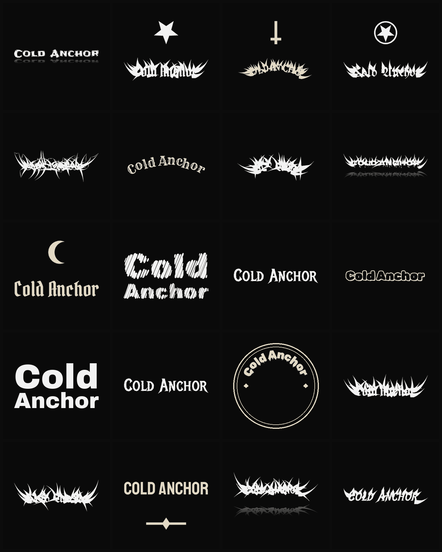 Twenty Cold Anchor band logo ideas — different faces, treatments and spike settings