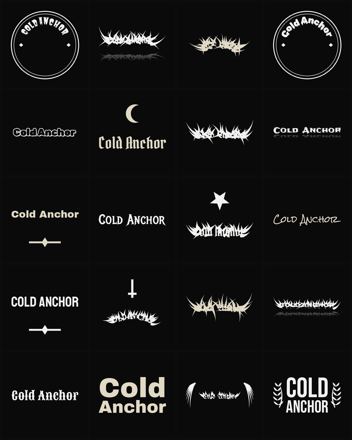 Twenty Cold Anchor band logo ideas — different faces, treatments and spike settings