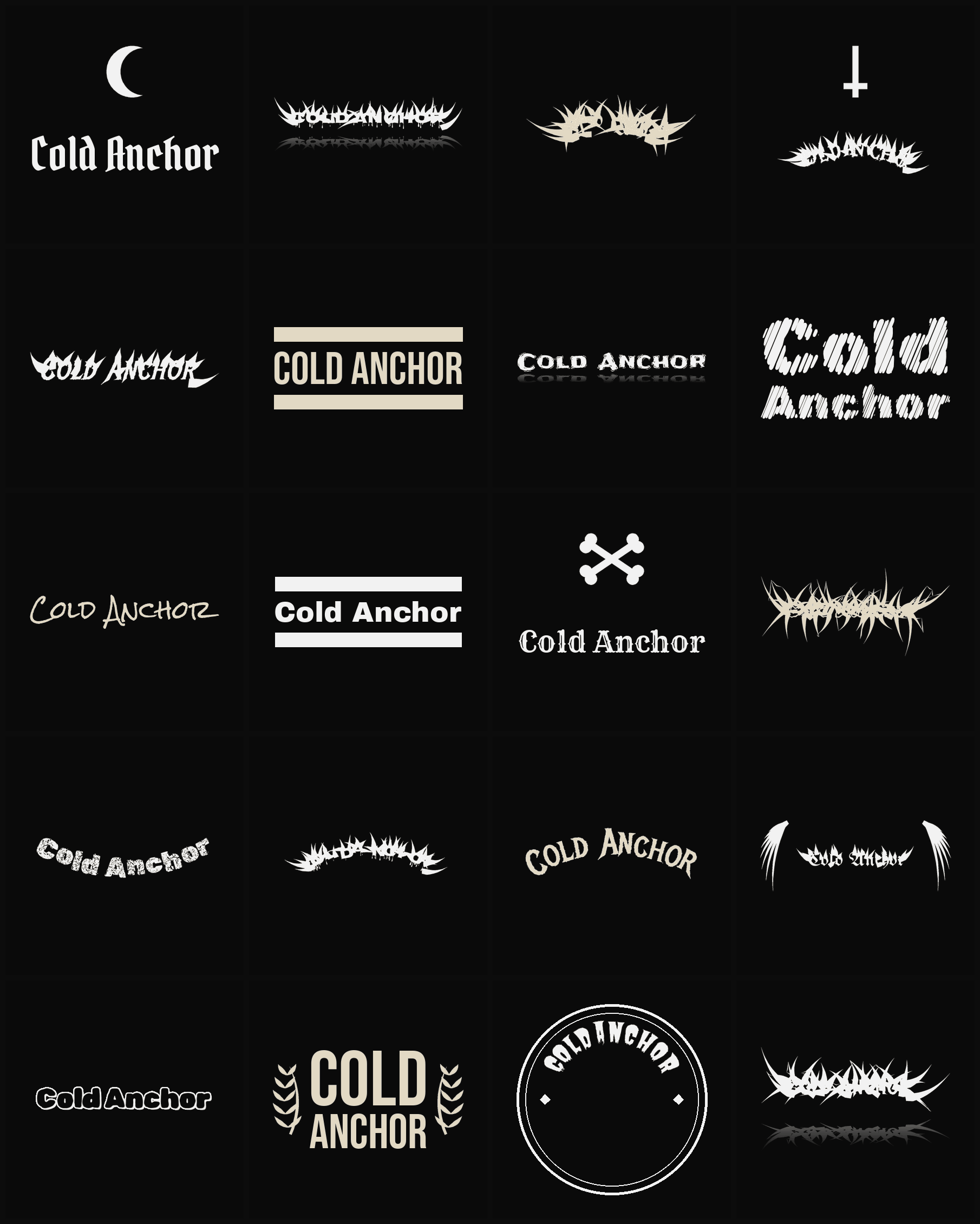 Twenty Cold Anchor band logo ideas — different faces, treatments and spike settings