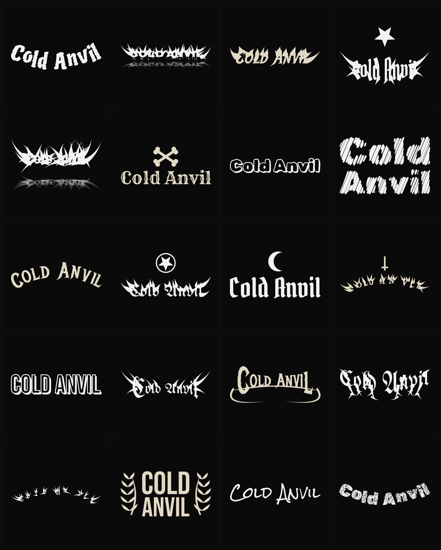 Twenty Cold Anvil band logo ideas — different faces, treatments and spike settings
