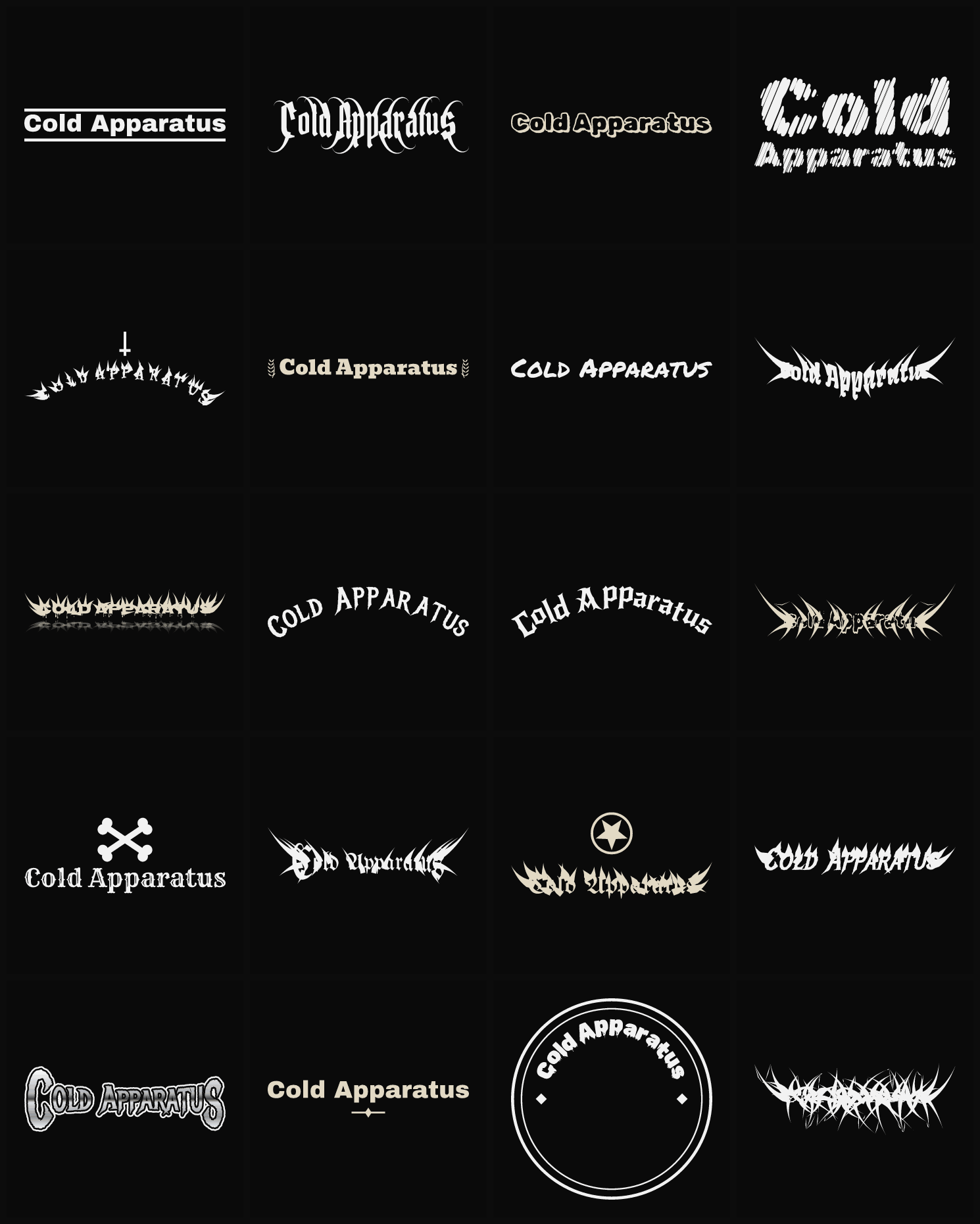 Twenty Cold Apparatus band logo ideas — different faces, treatments and spike settings