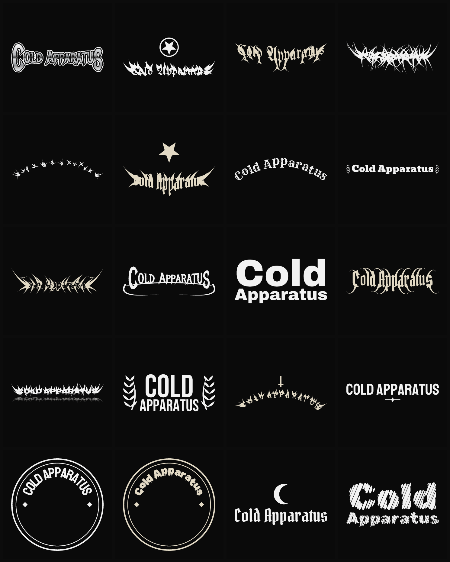 Twenty Cold Apparatus band logo ideas — different faces, treatments and spike settings