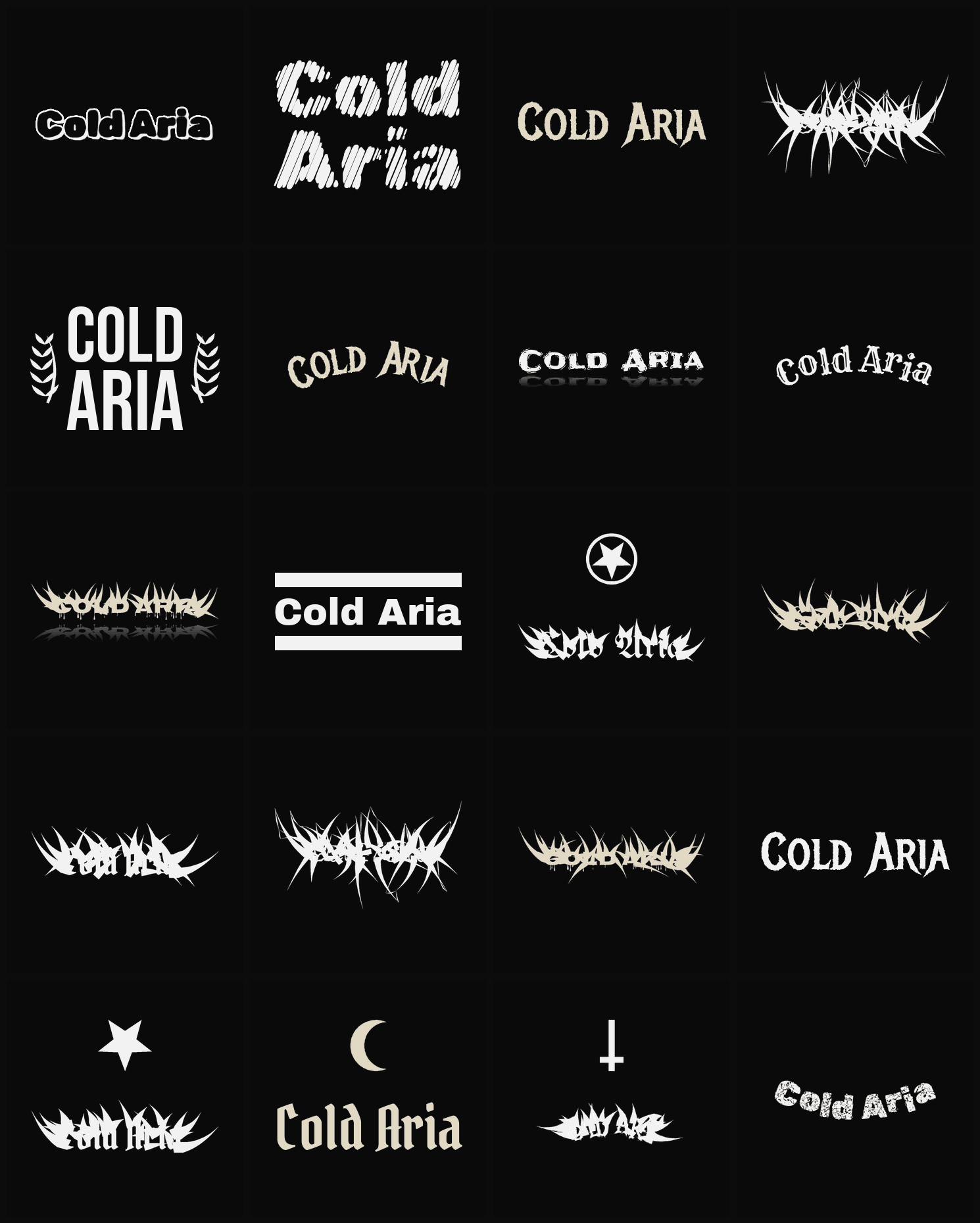 Twenty Cold Aria band logo ideas — different faces, treatments and spike settings