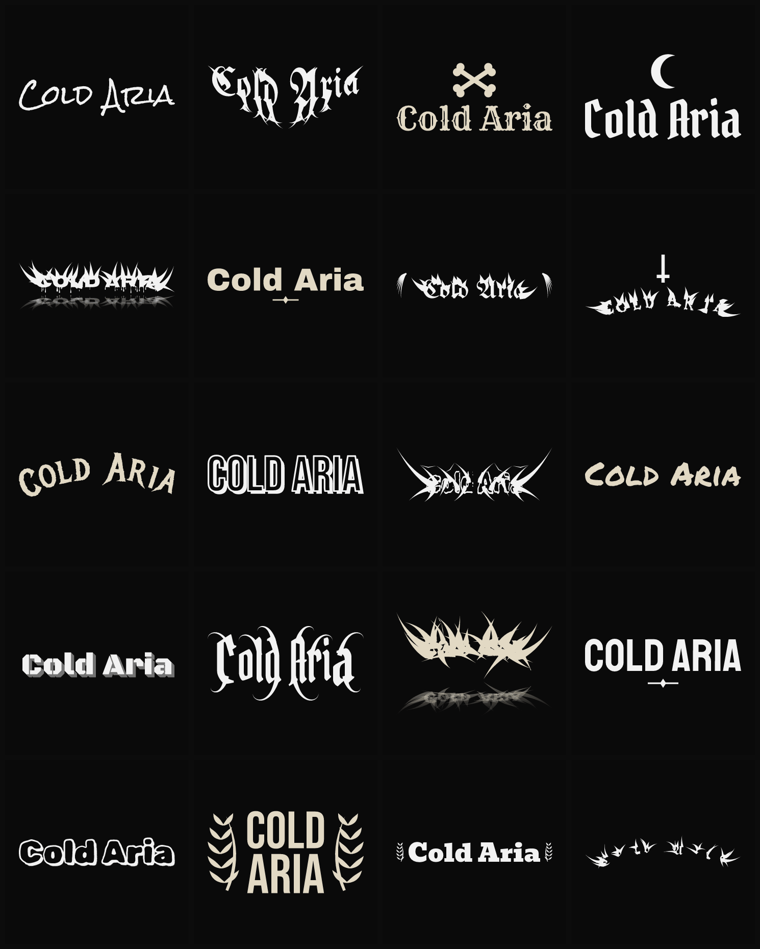 Twenty Cold Aria band logo ideas — different faces, treatments and spike settings