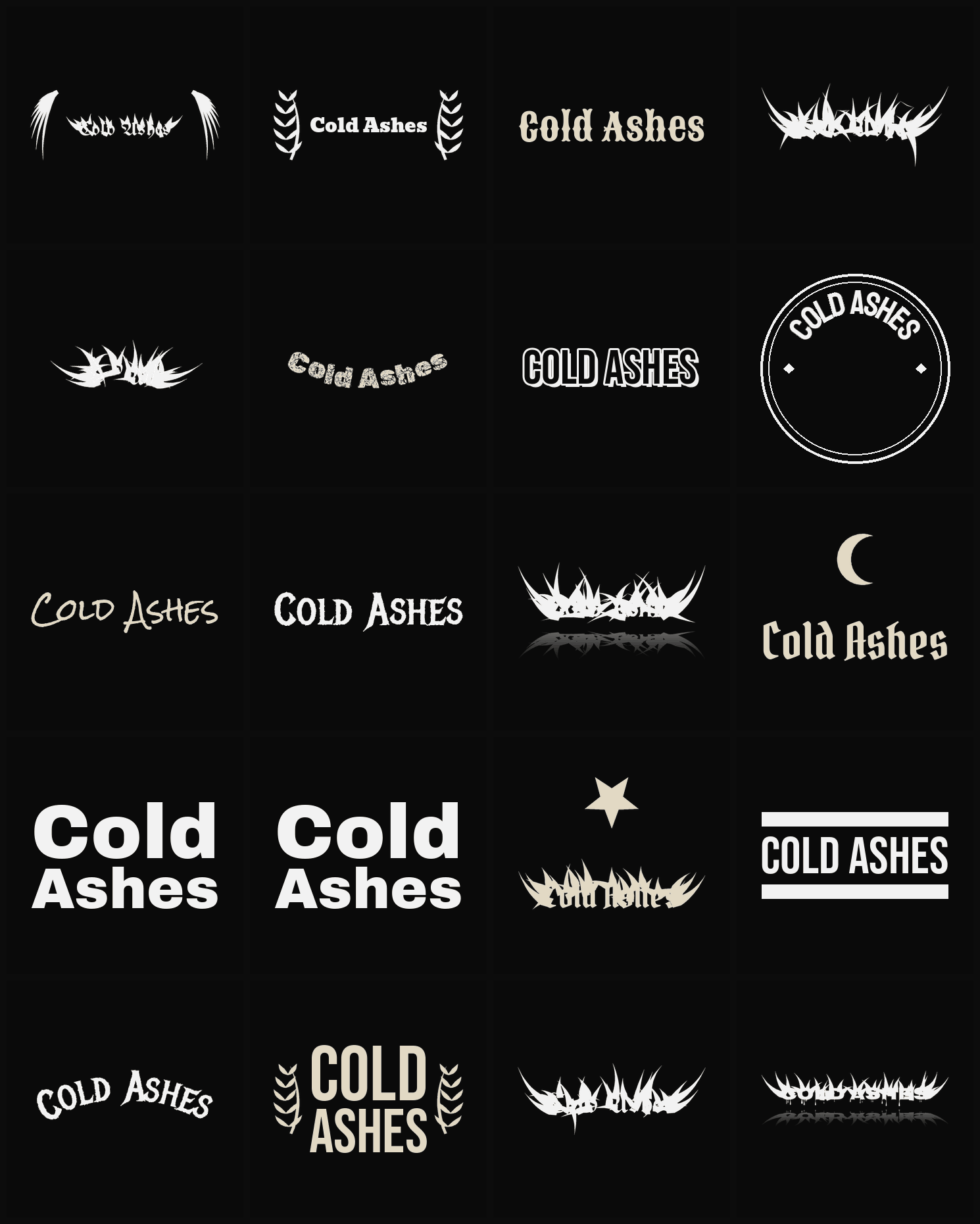 Twenty Cold Ashes band logo ideas — different faces, treatments and spike settings