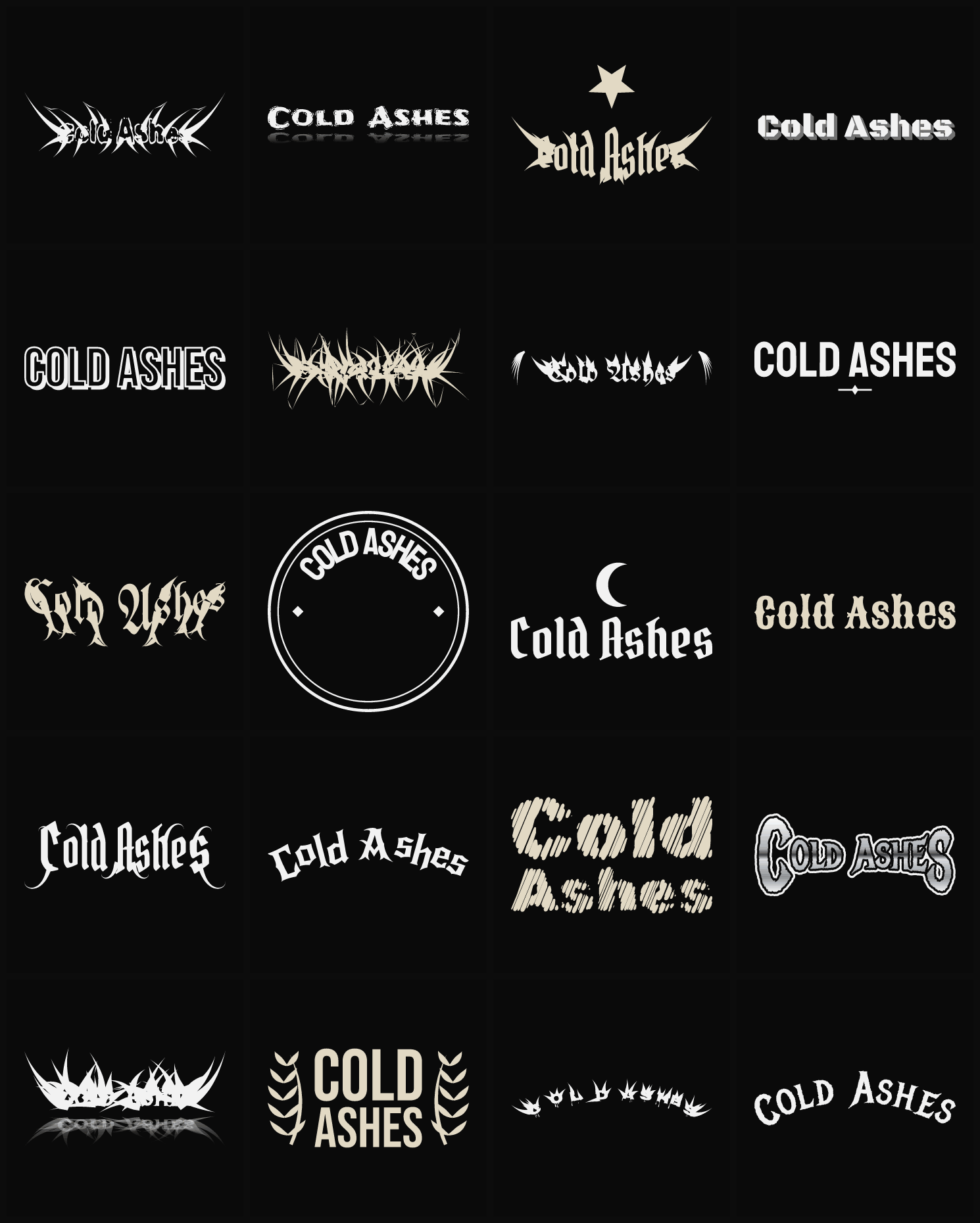 Twenty Cold Ashes band logo ideas — different faces, treatments and spike settings