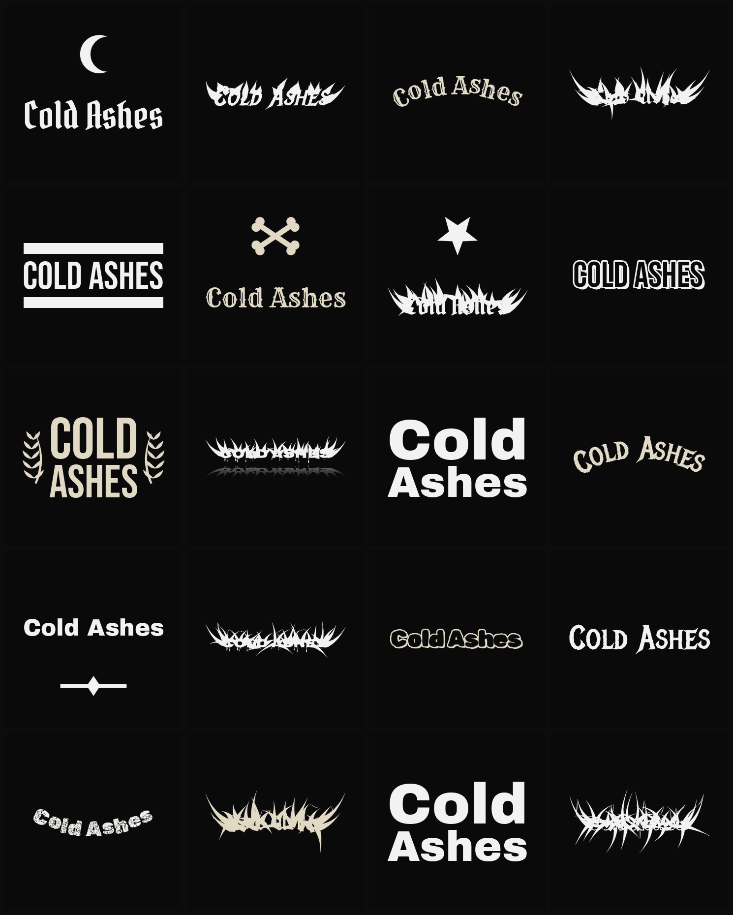 Twenty Cold Ashes band logo ideas — different faces, treatments and spike settings