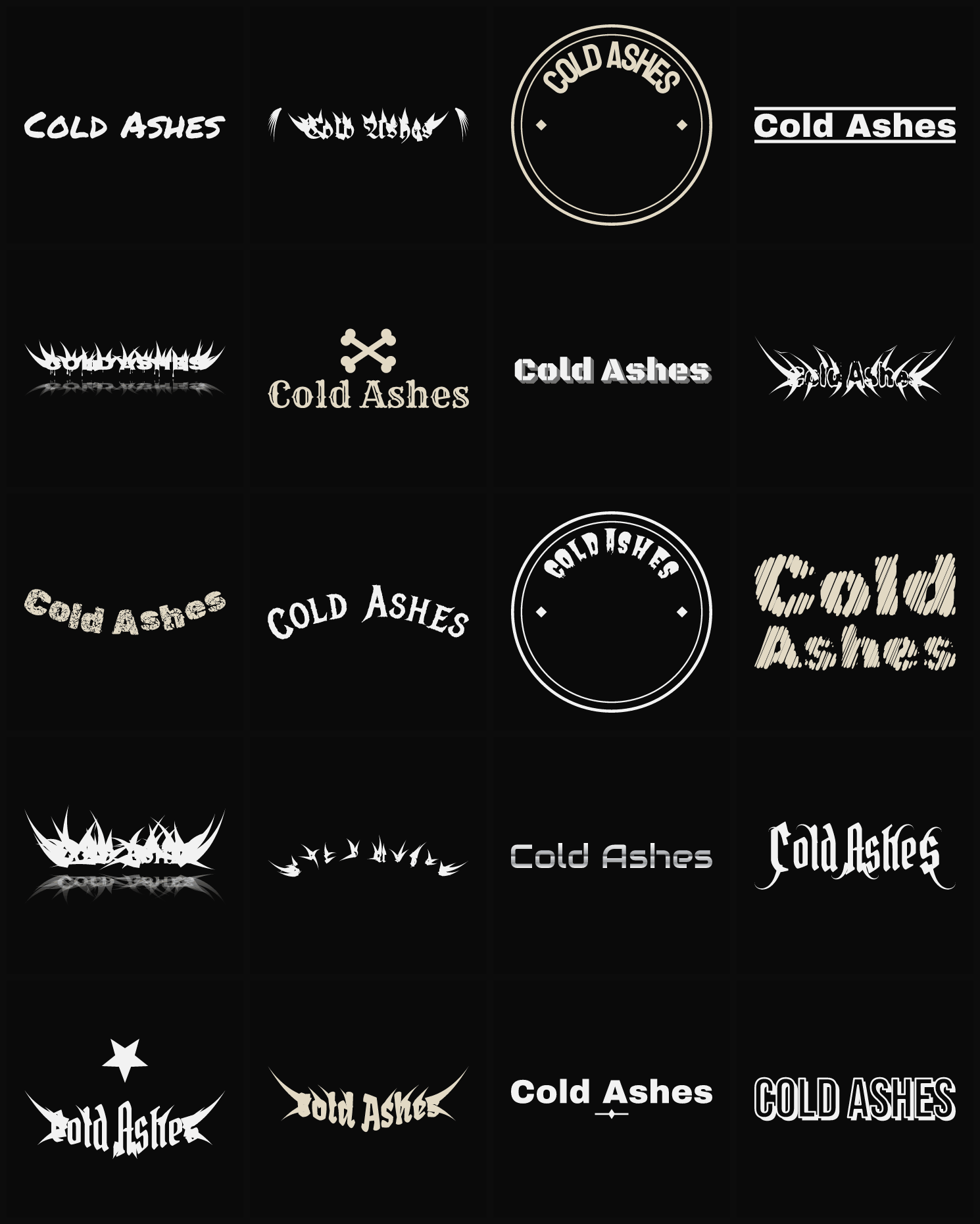 Twenty Cold Ashes band logo ideas — different faces, treatments and spike settings