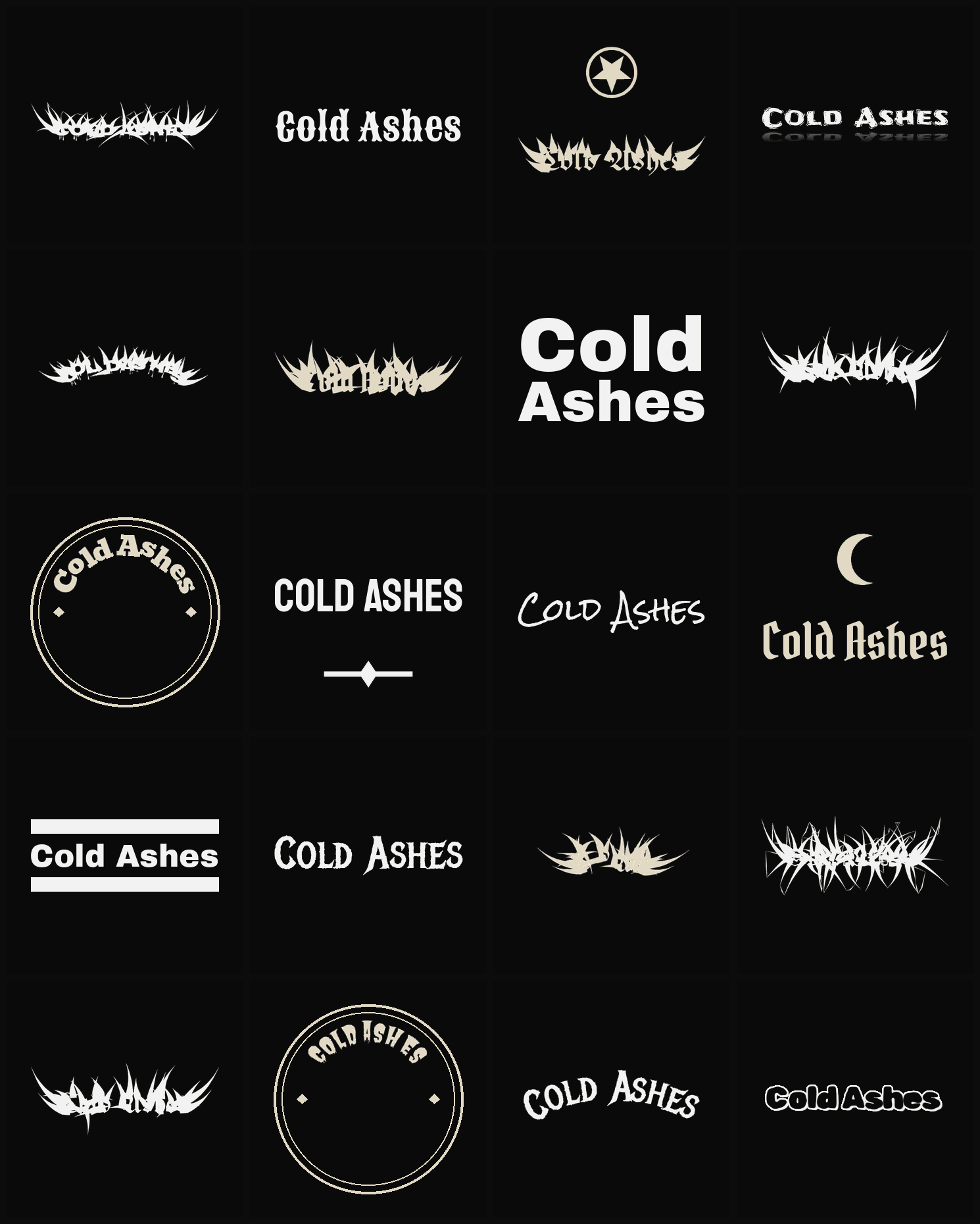 Twenty Cold Ashes band logo ideas — different faces, treatments and spike settings