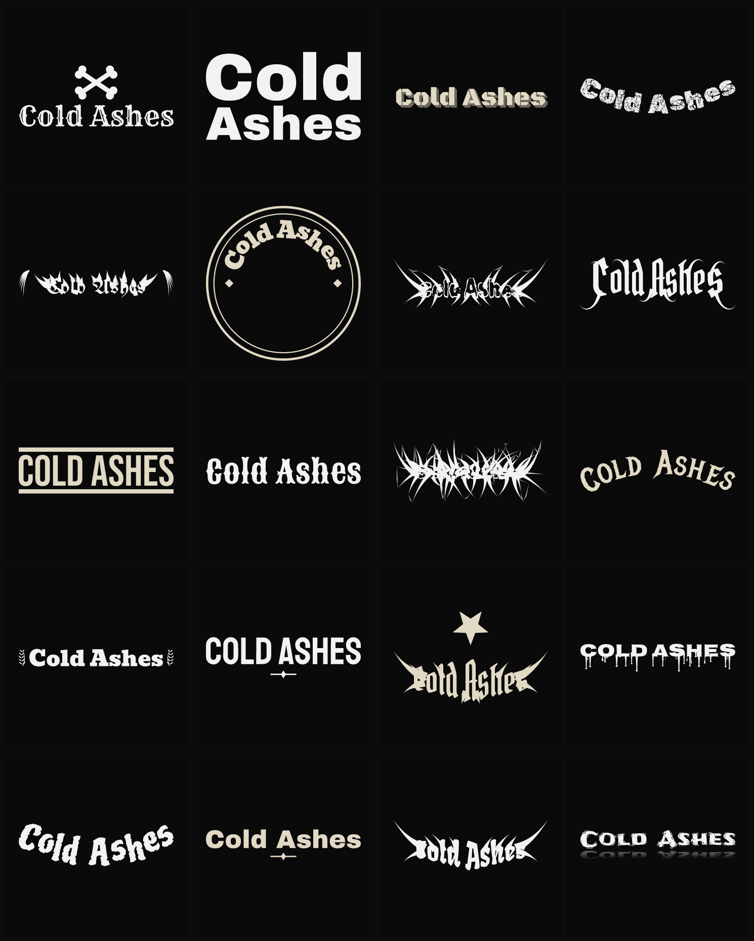 Twenty Cold Ashes band logo ideas — different faces, treatments and spike settings