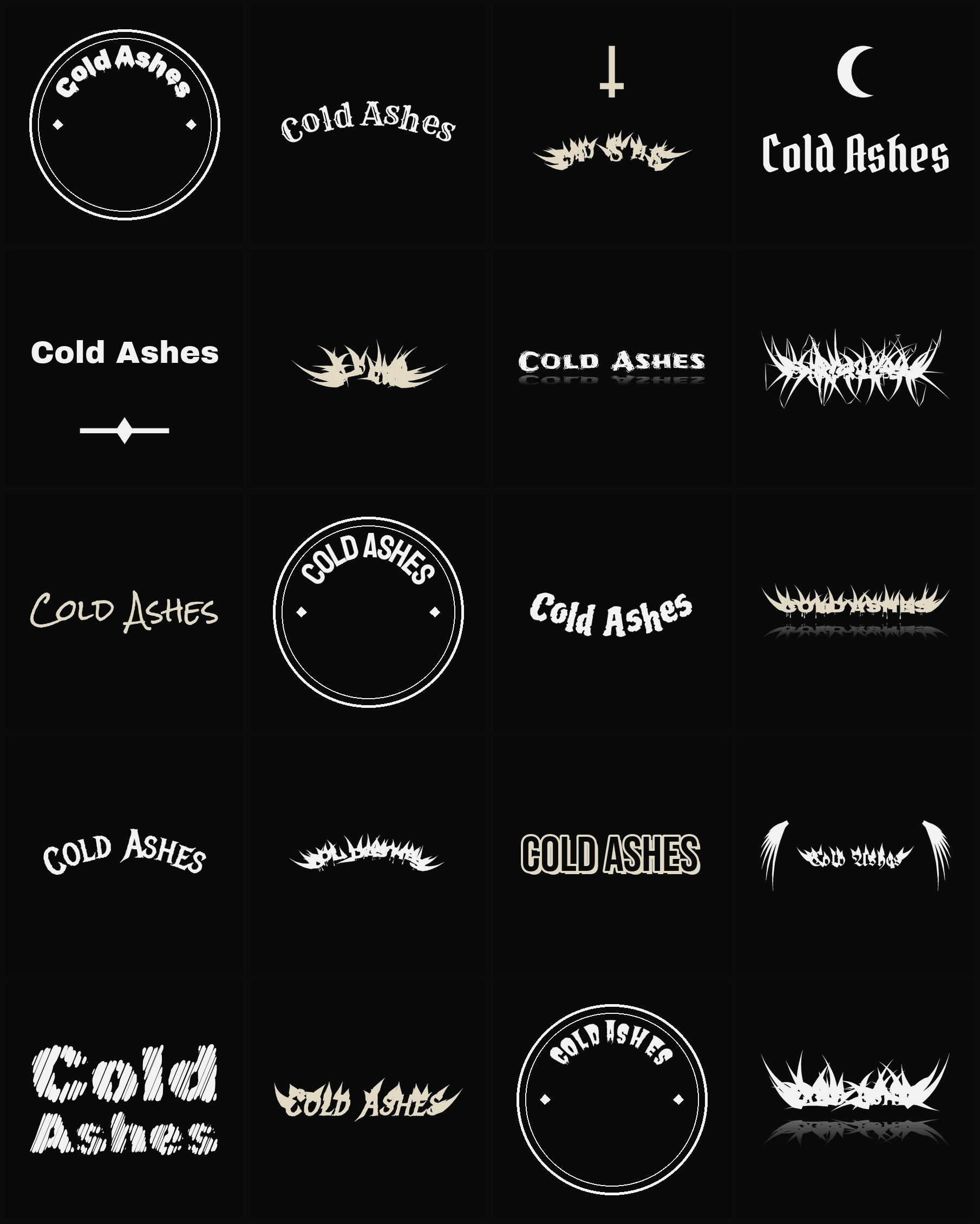 Twenty Cold Ashes band logo ideas — different faces, treatments and spike settings