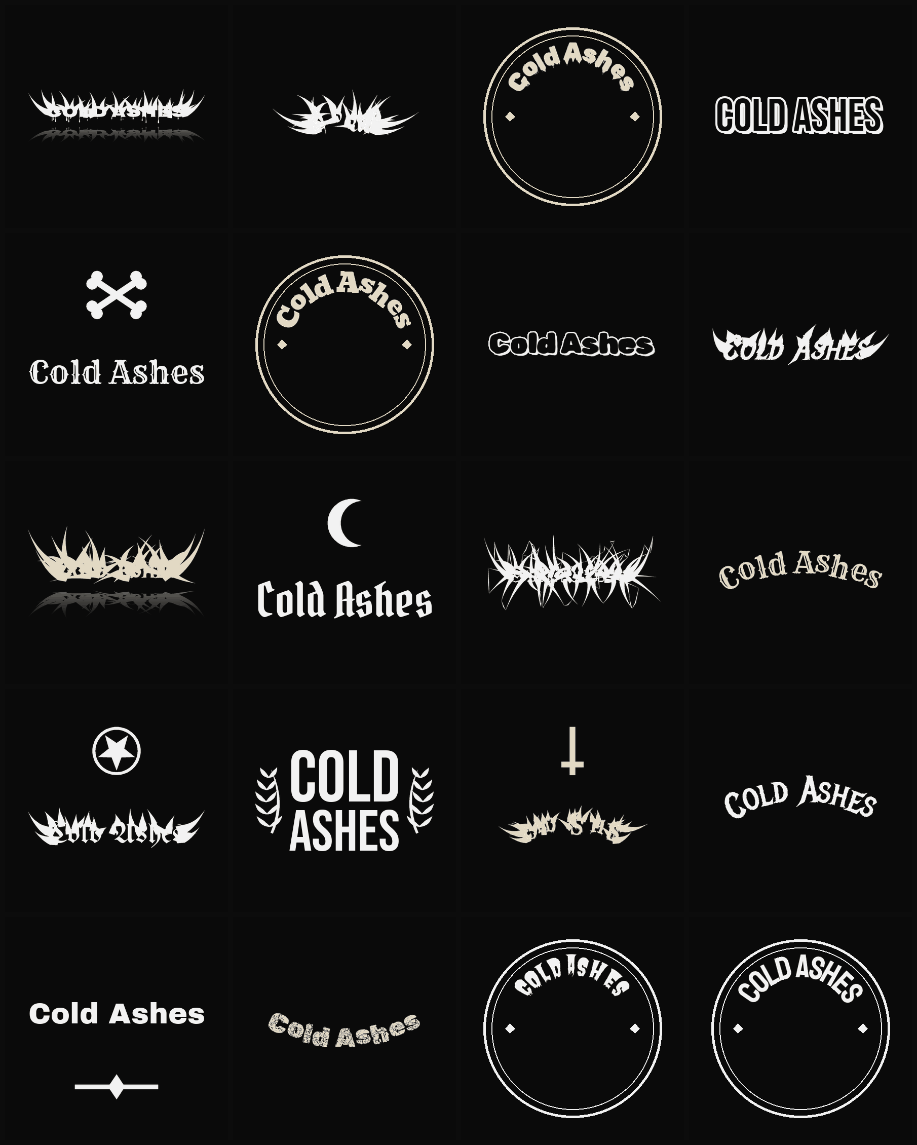 Twenty Cold Ashes band logo ideas — different faces, treatments and spike settings