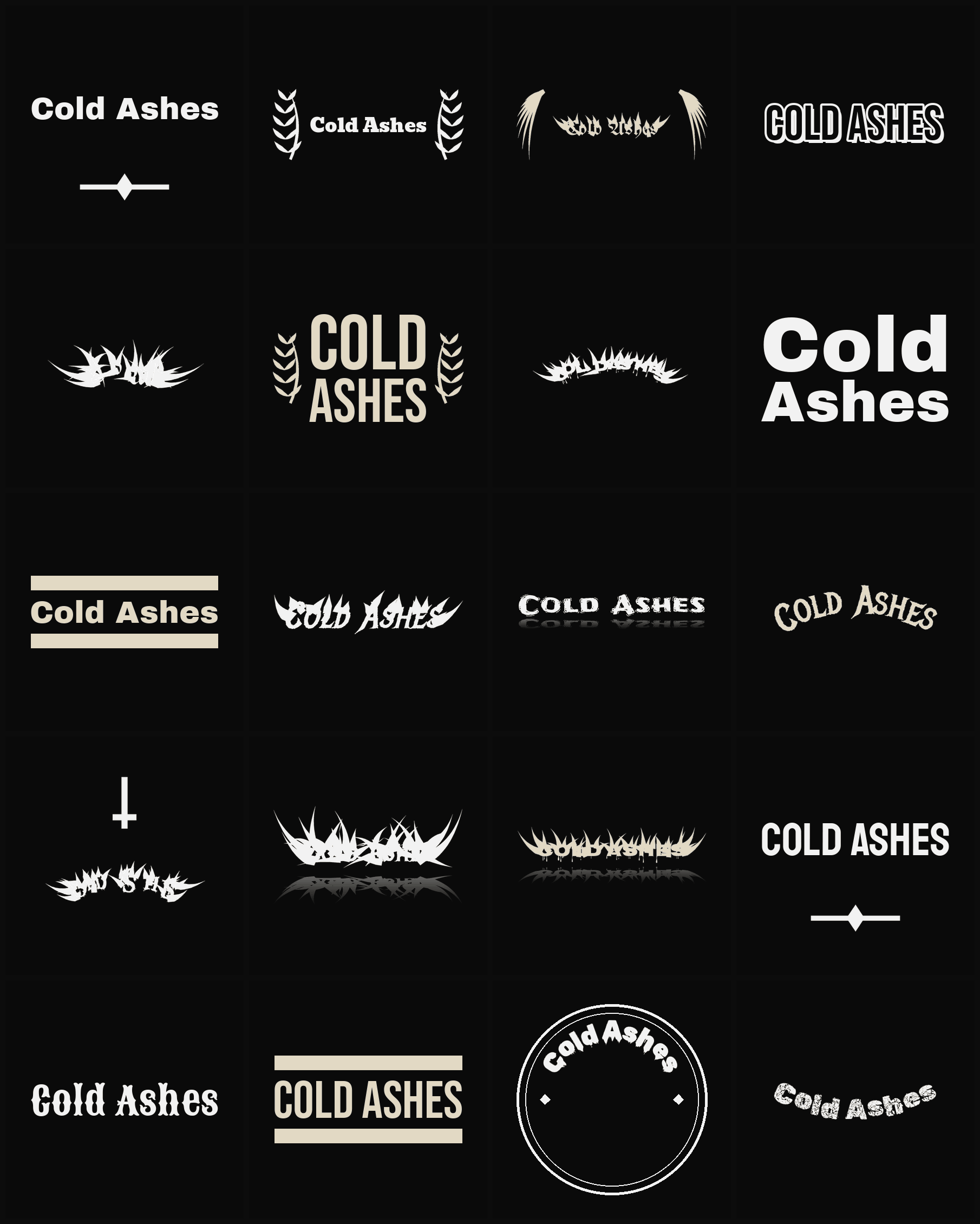 Twenty Cold Ashes band logo ideas — different faces, treatments and spike settings