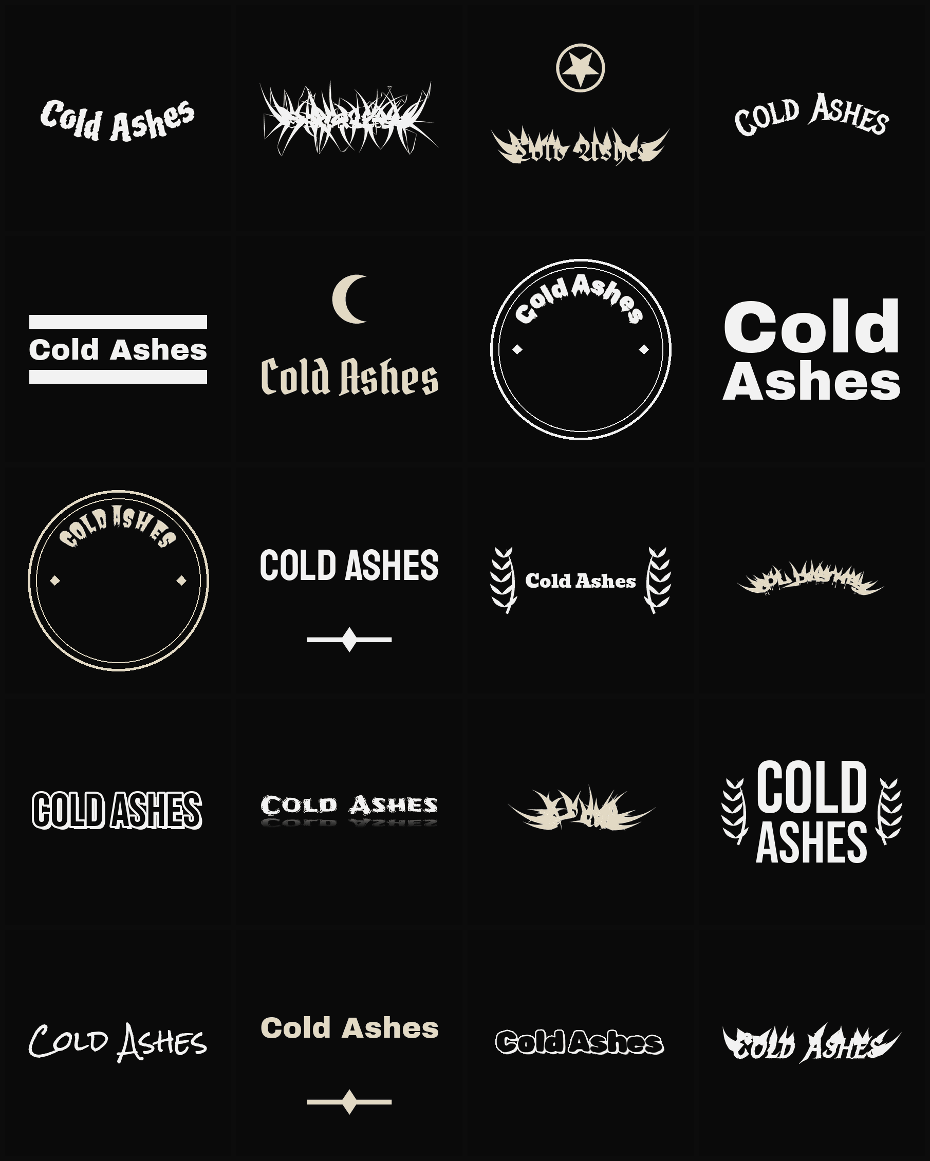 Twenty Cold Ashes band logo ideas — different faces, treatments and spike settings