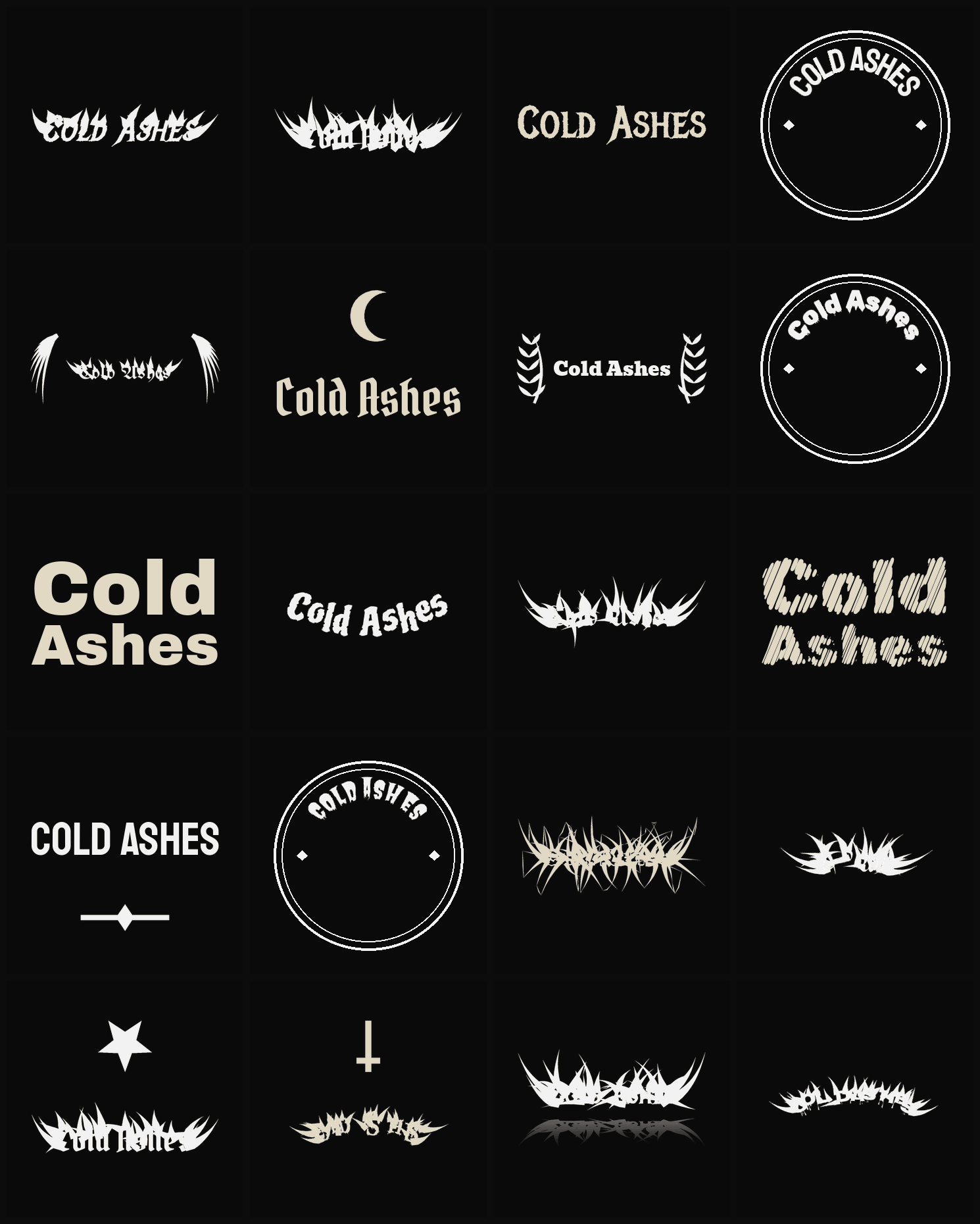 Twenty Cold Ashes band logo ideas — different faces, treatments and spike settings